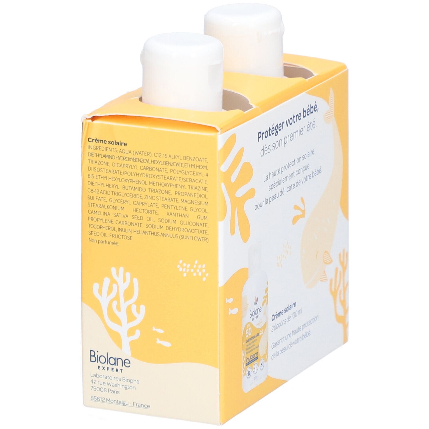 Biolane Expert Crème Solaire DUO. Verpakking met twee flacons. Tekst: Mon premier été, -50%. Ingrediënten op achterkant.