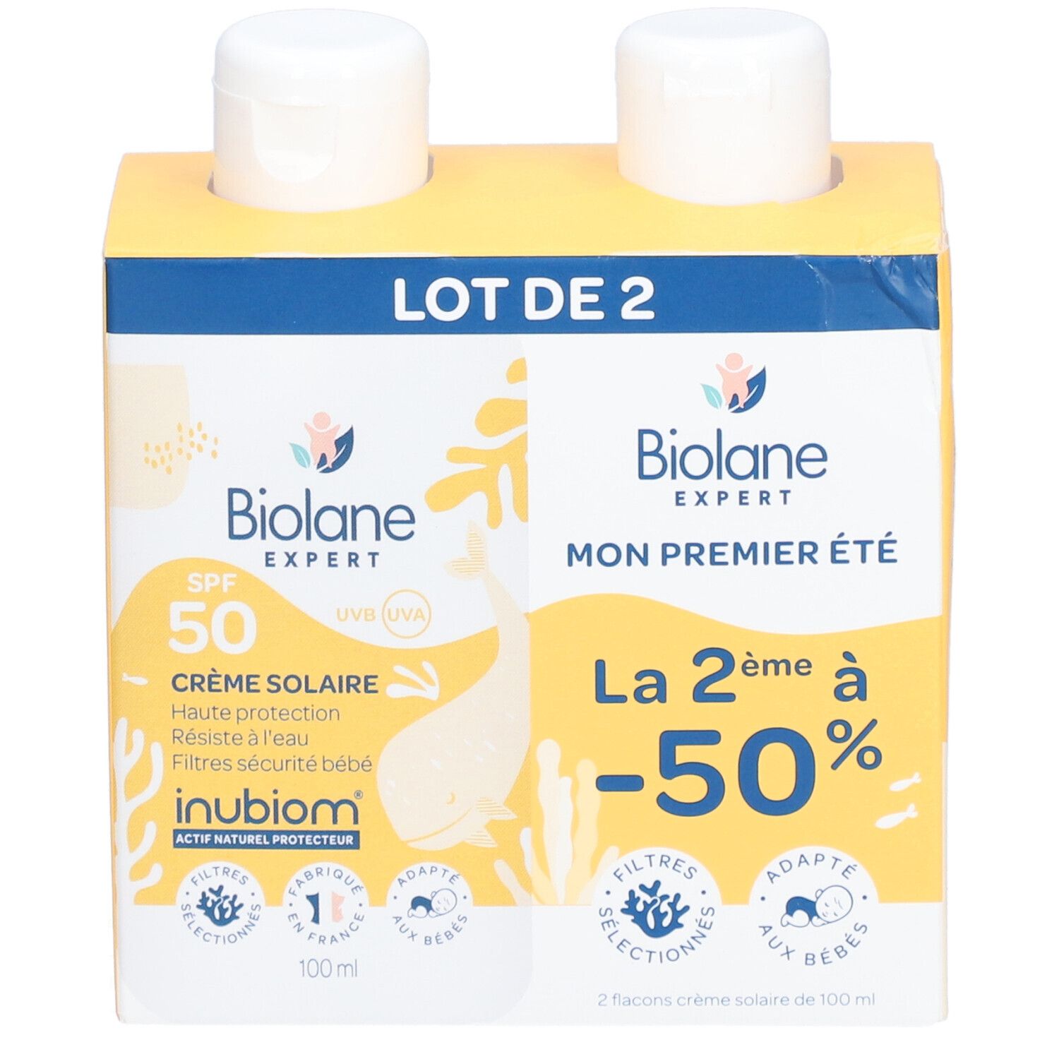 Biolane Expert Crème Solaire SPF50 DUO. Twee flacons zonnecrème in verpakking. Tekst: SPF 50, Mon premier été, -50%.
