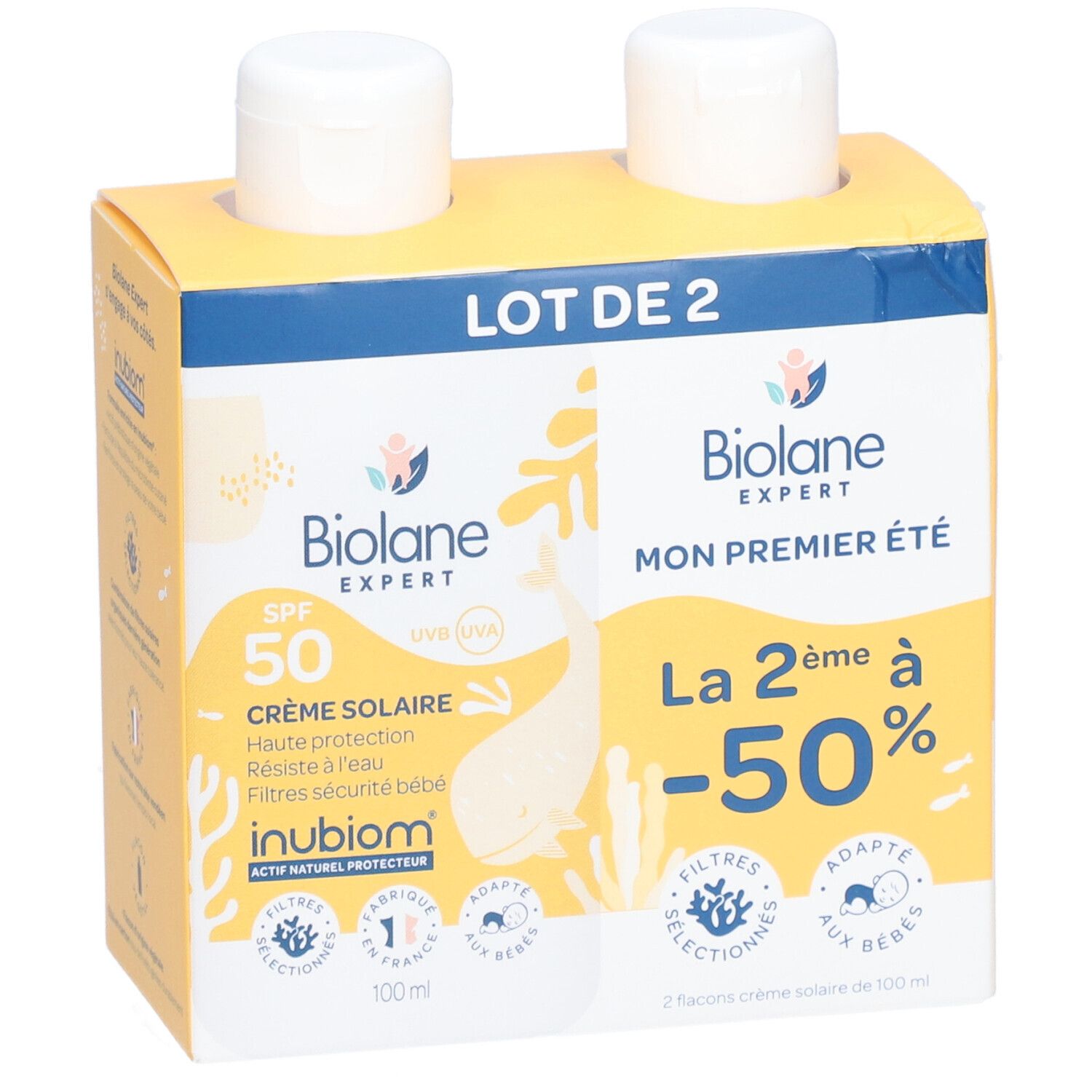 Biolane Expert Crème Solaire SPF50 DUO. Twee flacons zonnecrème in verpakking. Tekst: SPF 50, Mon premier été, -50%.