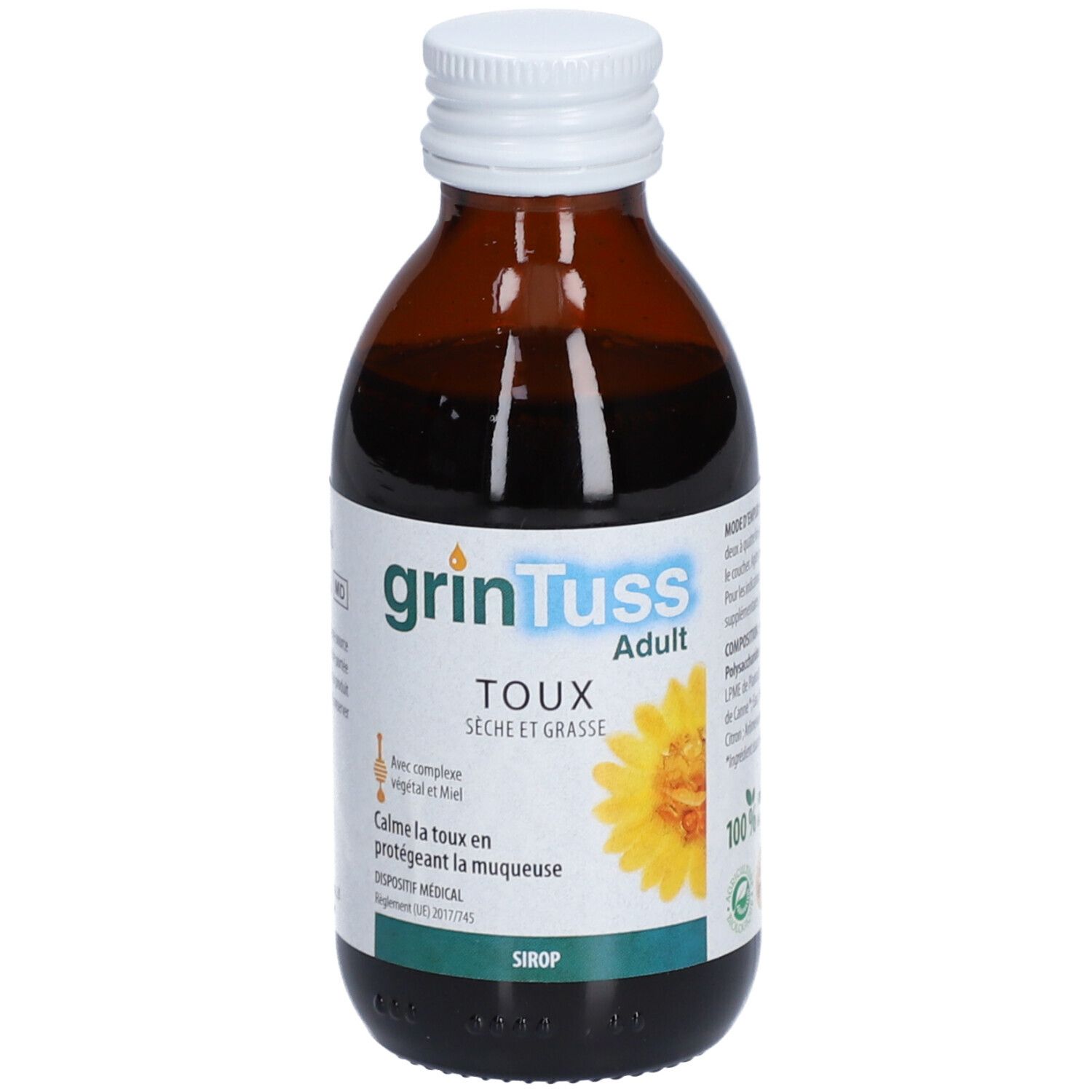 Bruine glazen fles met witte dop. Etiket met productnaam en gele bloem. Tekst: Droge en vette hoest.