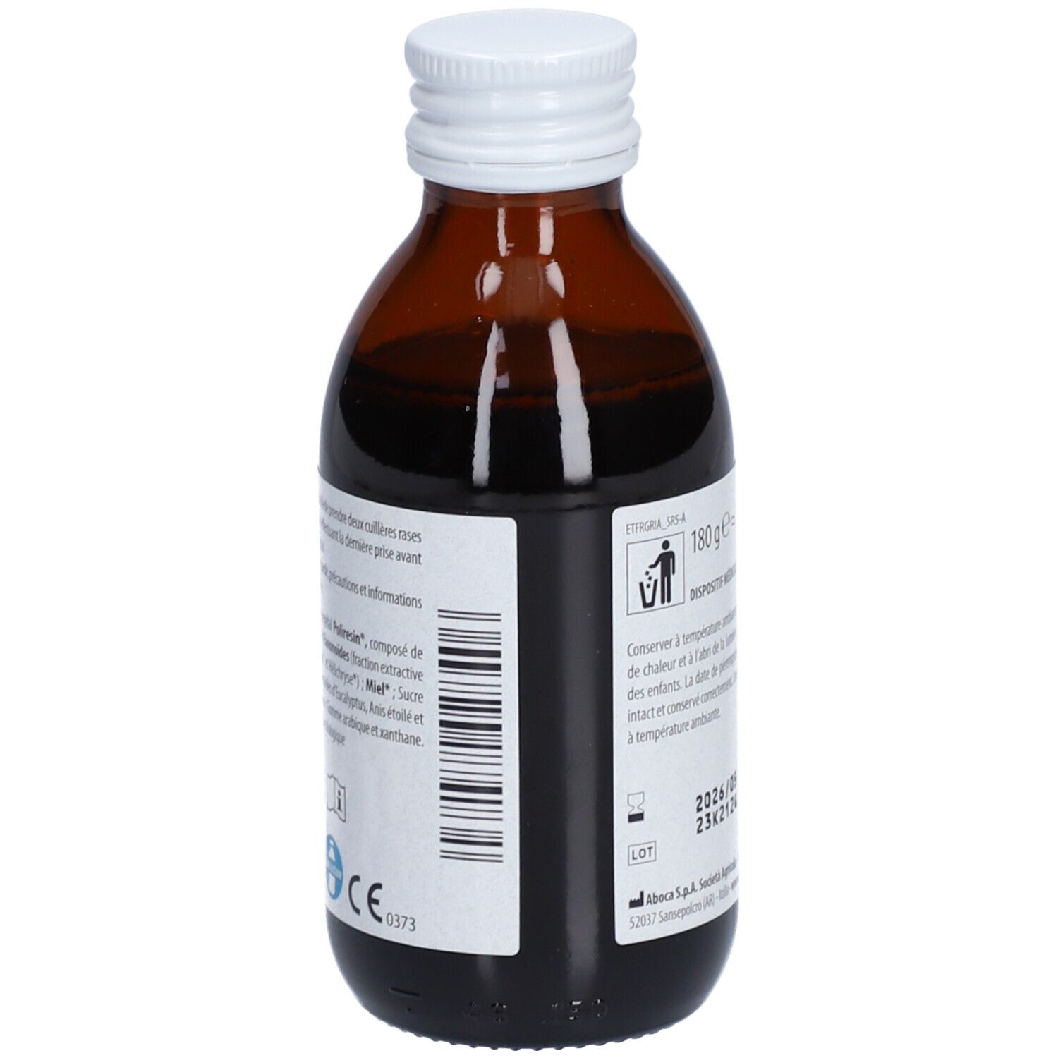 Achterkant van bruine glazen fles met witte dop. Etiket met informatie en tekst. CE-markering.