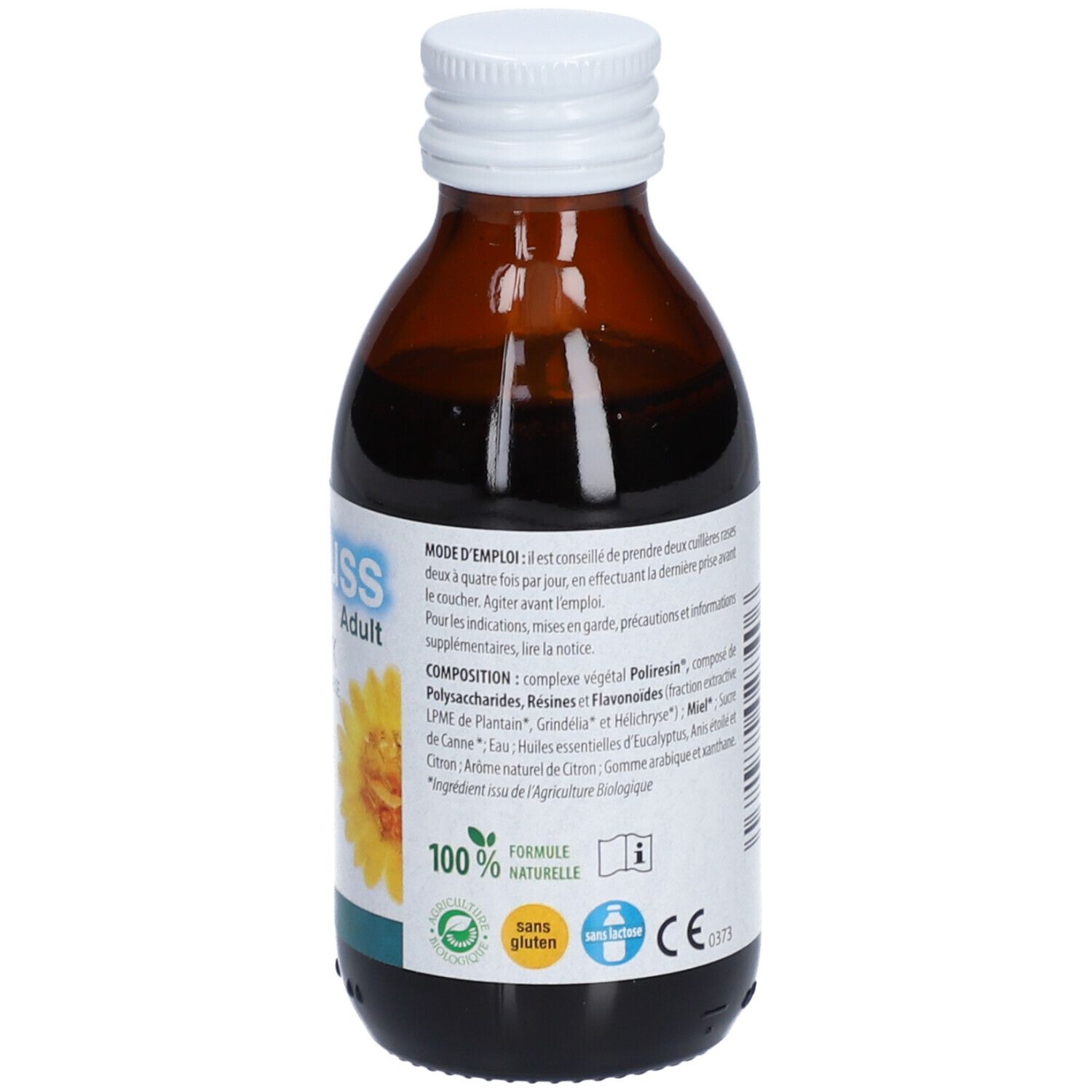 Bruine glazen fles met witte dop. Etiket met informatie, gele bloem en tekst. 100% natuurlijk.