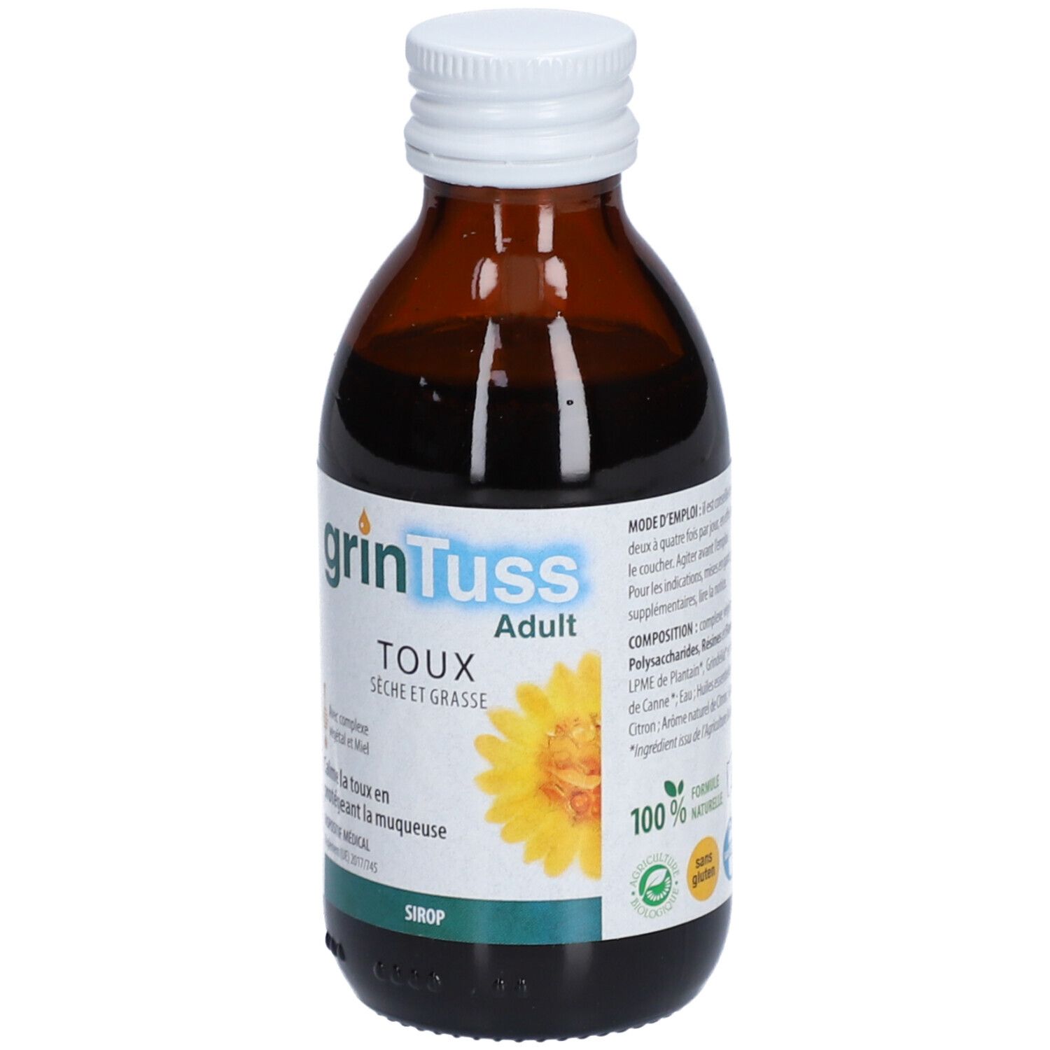 Bruine glazen fles met witte dop. Etiket met productnaam, gele bloem en tekst. Droge en vette hoest.