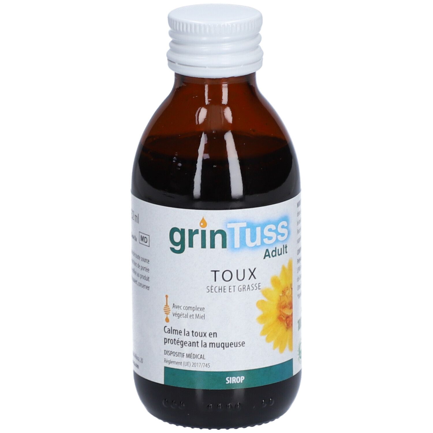 Bruine glazen fles met witte dop. Etiket met productnaam, gele bloem en tekst. Droge en vette hoest.