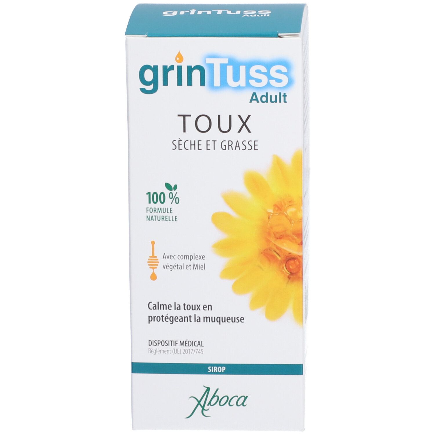 Productverpakking. Witte doos met productnaam, gele bloem en tekst. 100% natuurlijke formule.
