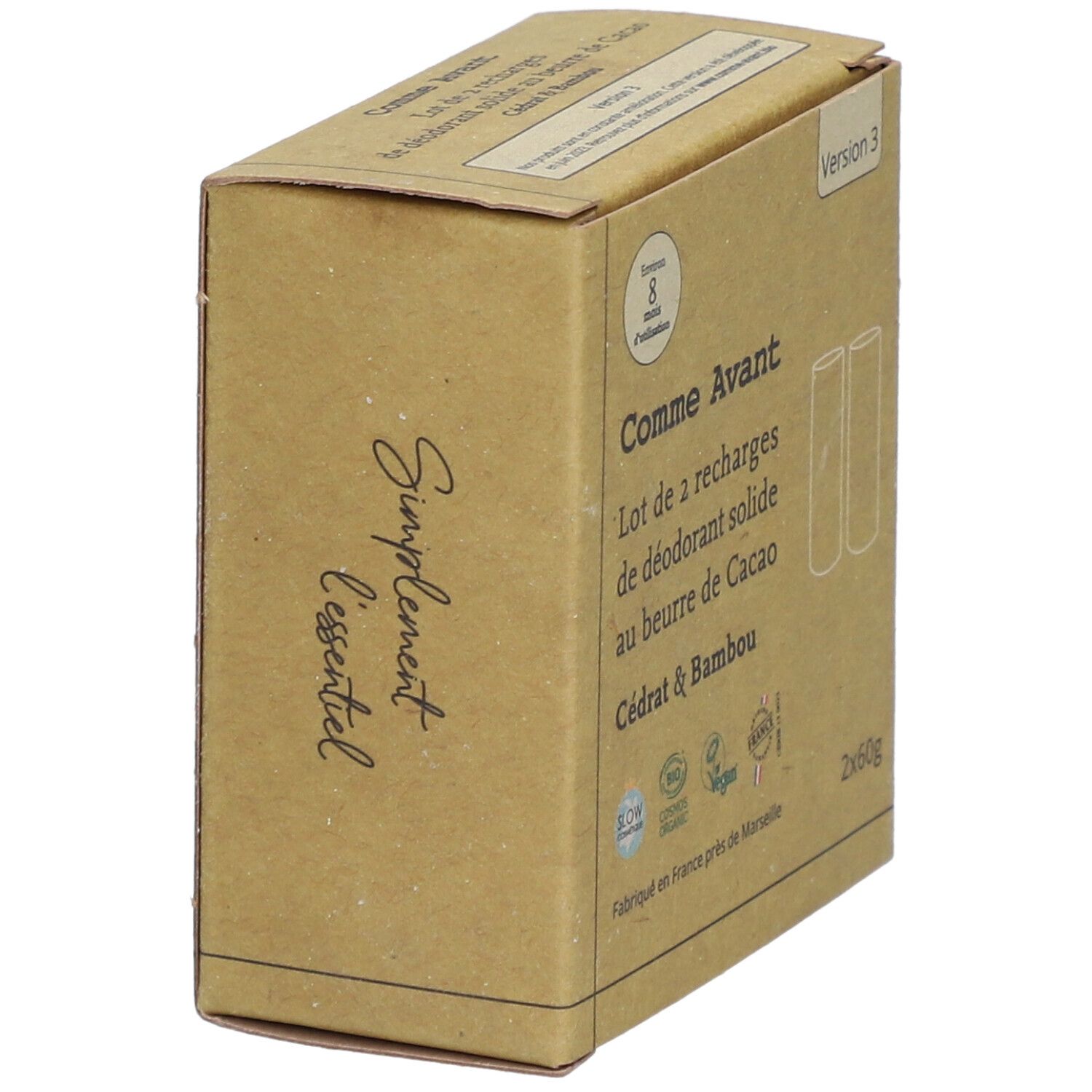 Kartonnen doos, zijaanzicht. Opschrift: Comme Avant, Cacao Cédrat & Bambou. Tekst: Simplement essentiel. Labels: Bio, Vegan.