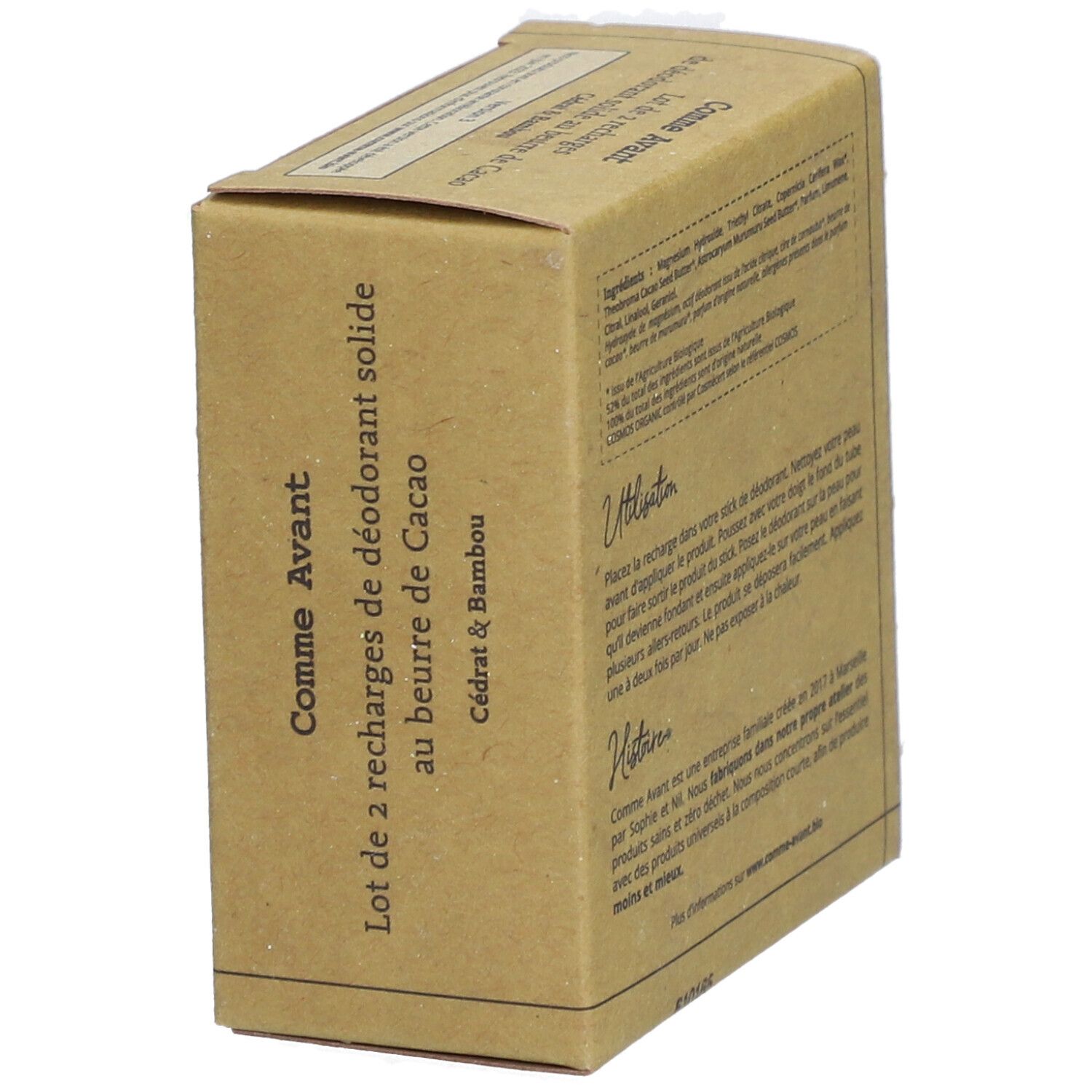 Kartonnen doos, zijaanzicht. Opschrift: Comme Avant, Cacao Cédrat & Bambou. Tekst. Labels: Bio, Vegan. Gemaakt in Frankrijk.