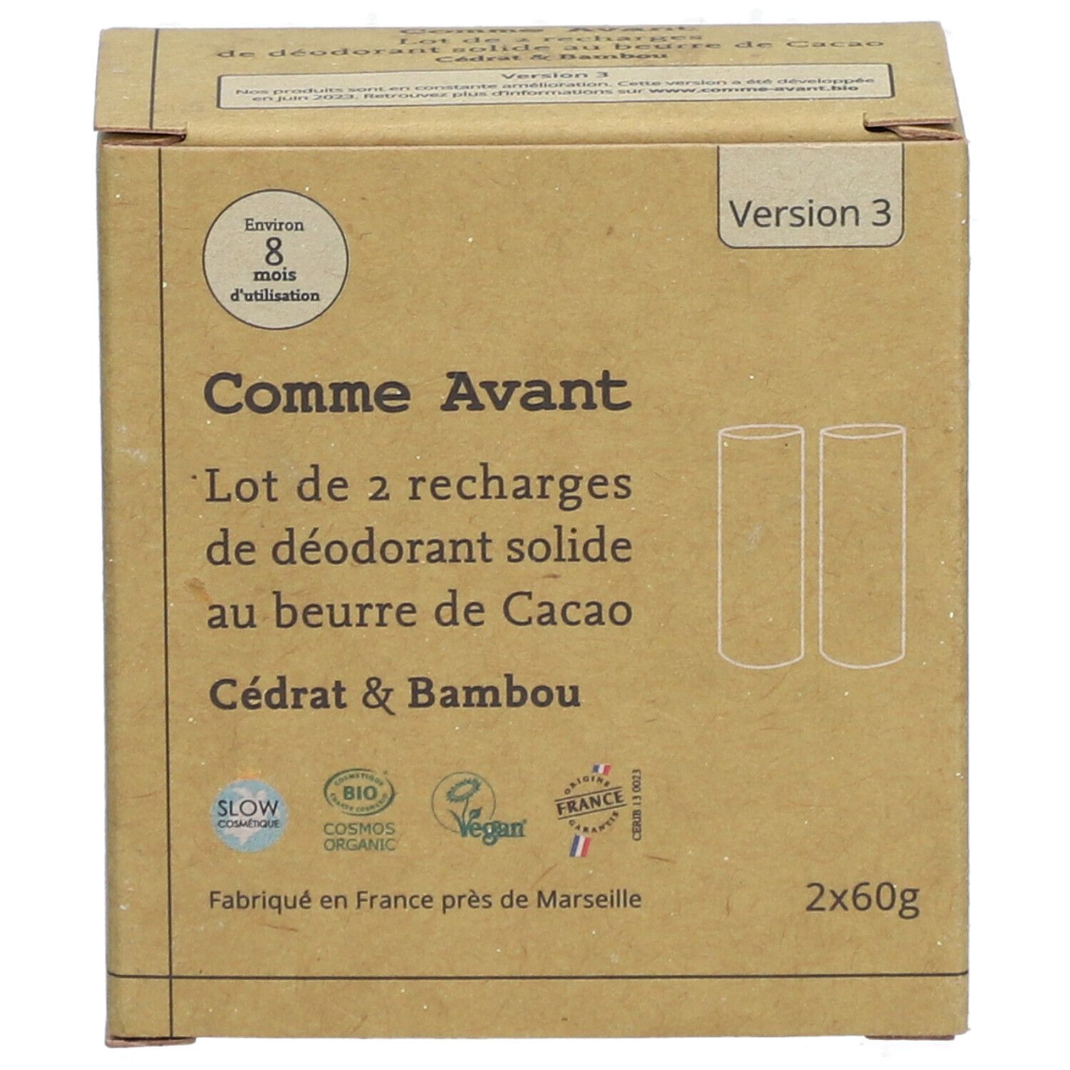 Kartonnen doos met navullingen voor vaste deodorant. Opschrift: Cacao Cédrat & Bambou. Labels: Slow Cosmétique, Bio, Vegan.