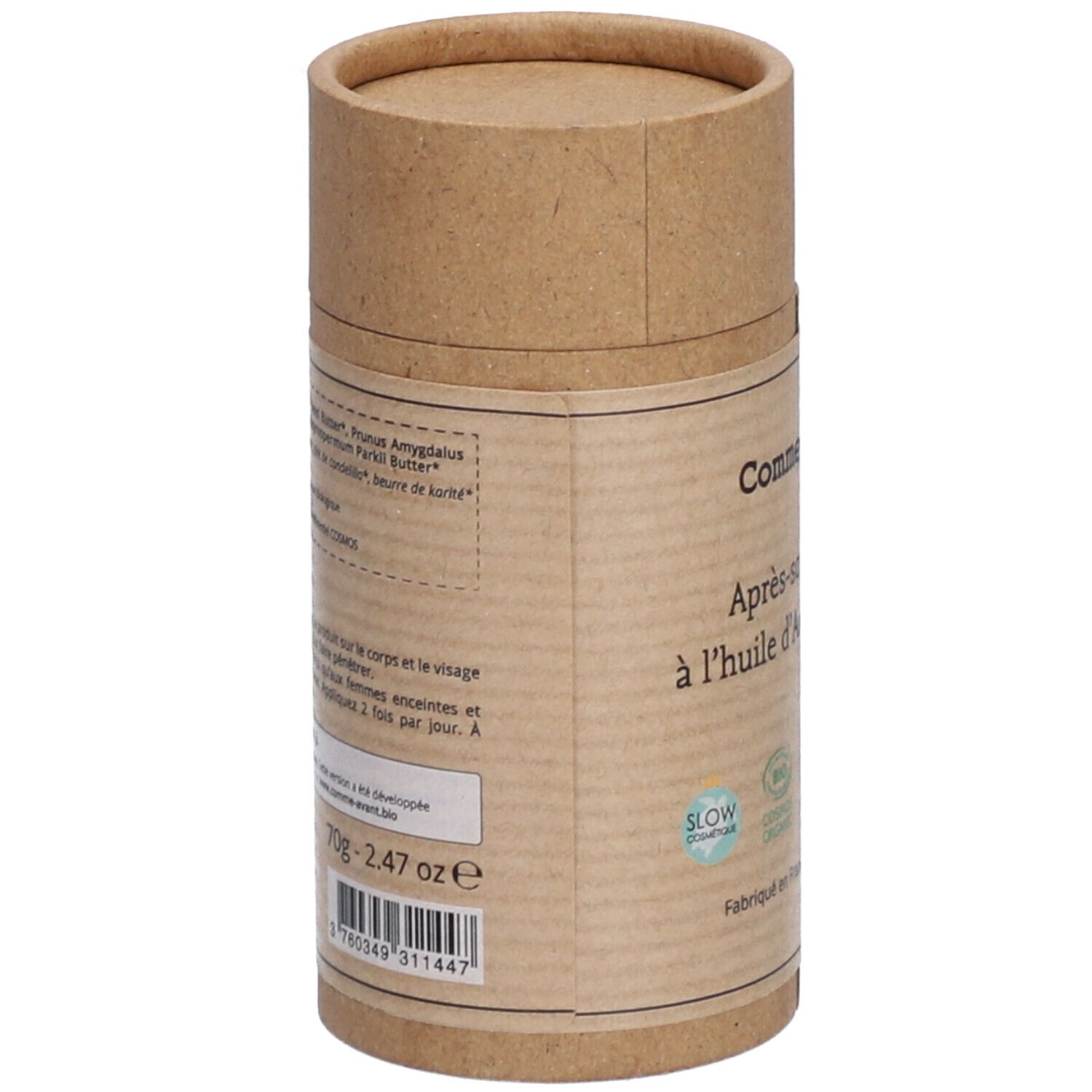 Emballage cylindrique. Verso avec ingrédients et instructions. Logos: Slow cosmétique, Bio. Fabriqué en France.