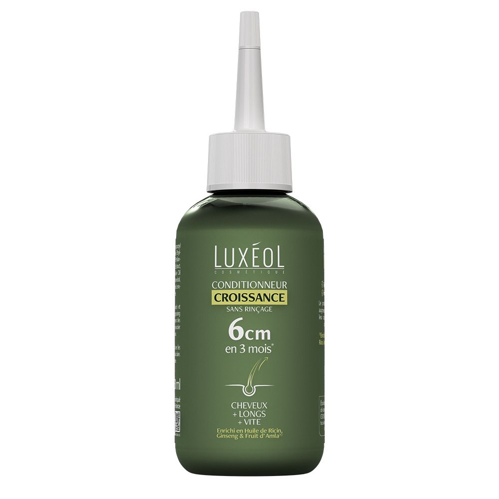 Flacon vert avec applicateur blanc. Inscription: LUXÉOL, Conditionneur Croissance, 6cm en 3 mois. Pour cheveux longs et vite.