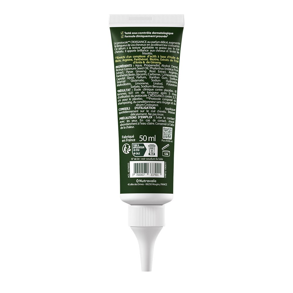 Achterkant van de LUXÉOL Sérum croissance tube. Info over ingrediënten, gebruik en voorzorgsmaatregelen. 50 ml.