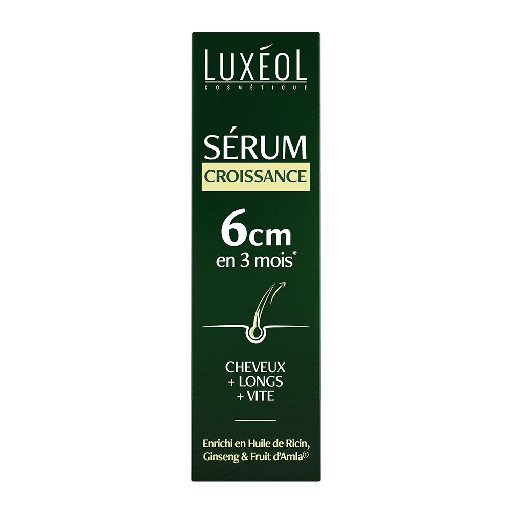 Verpakking LUXÉOL Sérum croissance. Groen met witte tekst. 6cm in 3 maanden. Voor lang, snel haar.