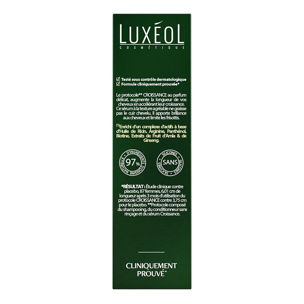 Achterkant van de LUXÉOL Sérum croissance verpakking. Info over klinische effectiviteit en ingrediënten.