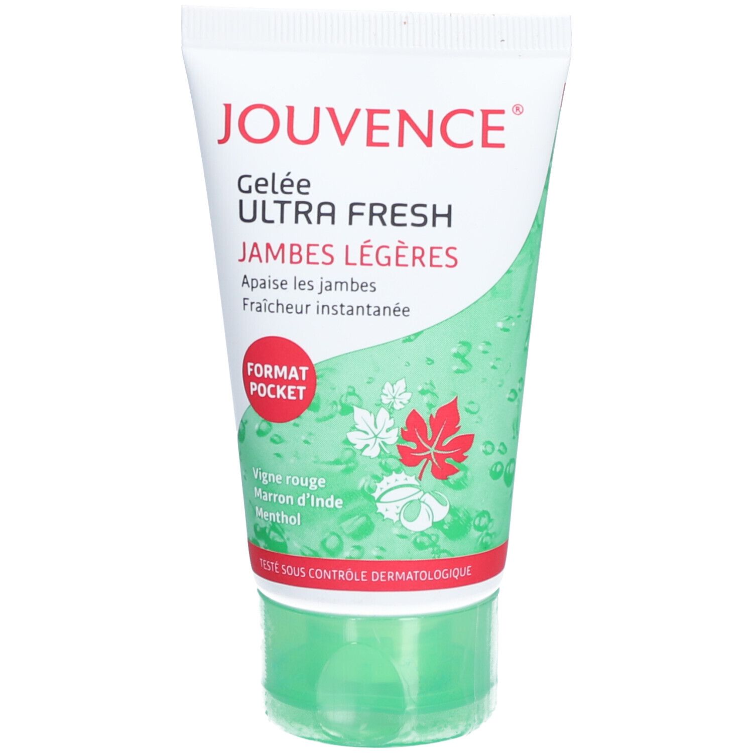 Tube blanc et vert. Inscription: Jouvence, Gelée Ultra Fresh Jambes Légères. Étiquette rouge: Format Pocket. Illustration de feuilles.