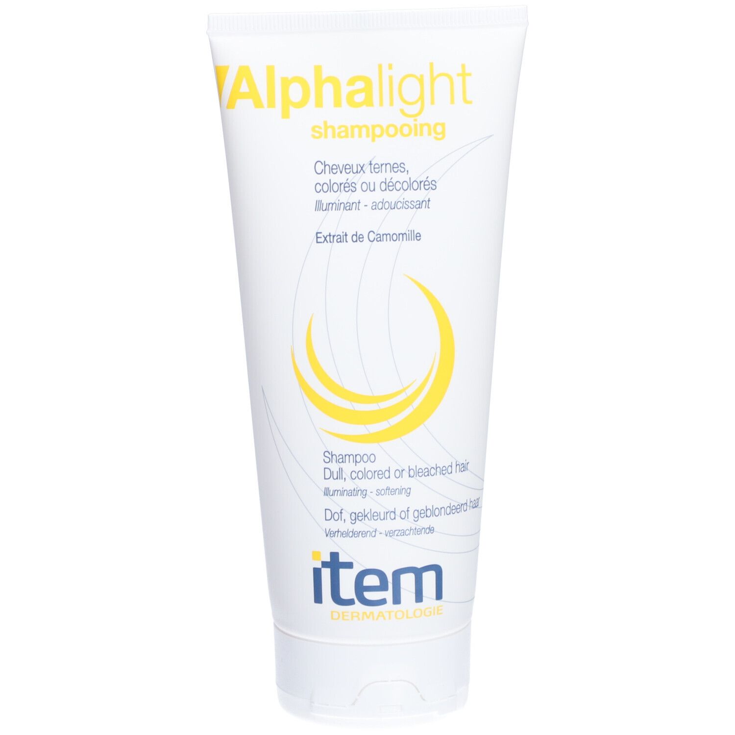 Witte tube met gele tekst. Shampoo voor gekleurd haar. Merk: Alphalight, item Dermatologie. Kamille-extract.