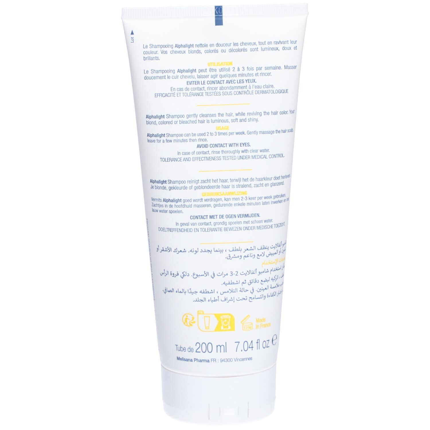 Achterkant van een witte tube. Meertalige tekst. Bevat informatie over Alphalight shampoo. 200 ml.