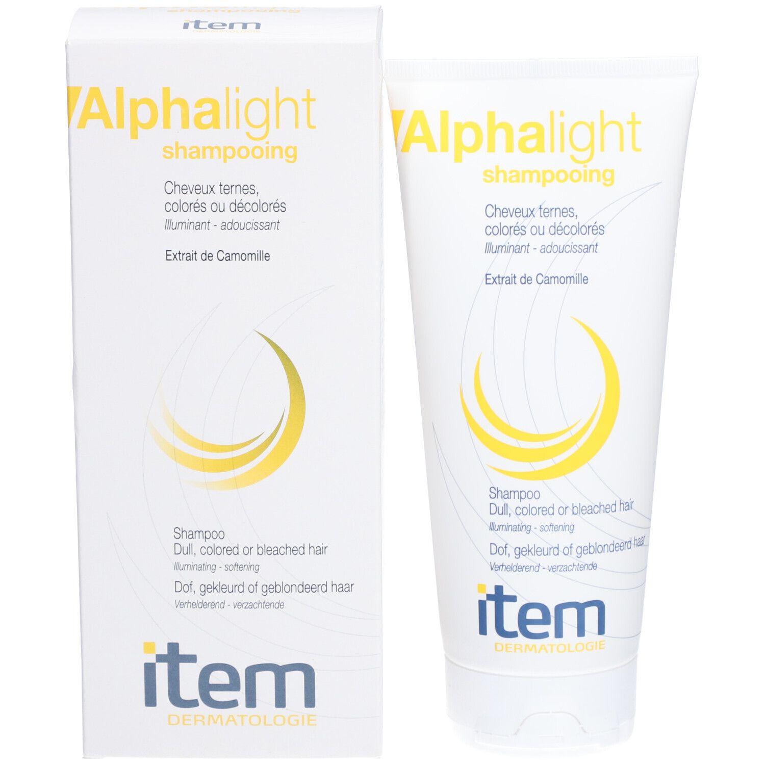 Productverpakking. Witte doos en tube. Shampoo voor gekleurd haar. Merk: Alphalight, item Dermatologie. Kamille-extract.