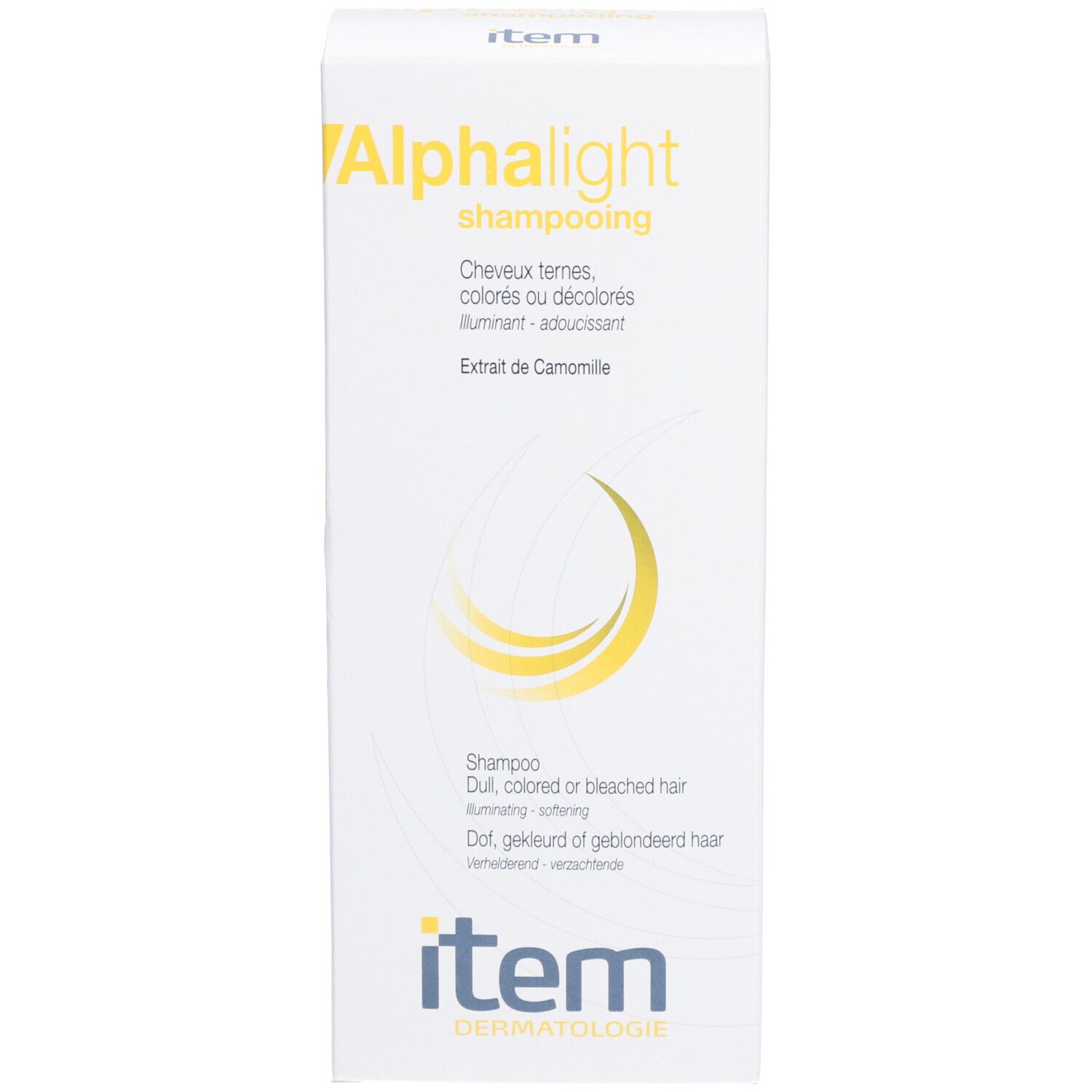 Witte doos met gele tekst. Shampoo voor gekleurd haar. Merk: Alphalight, item Dermatologie. Kamille-extract.