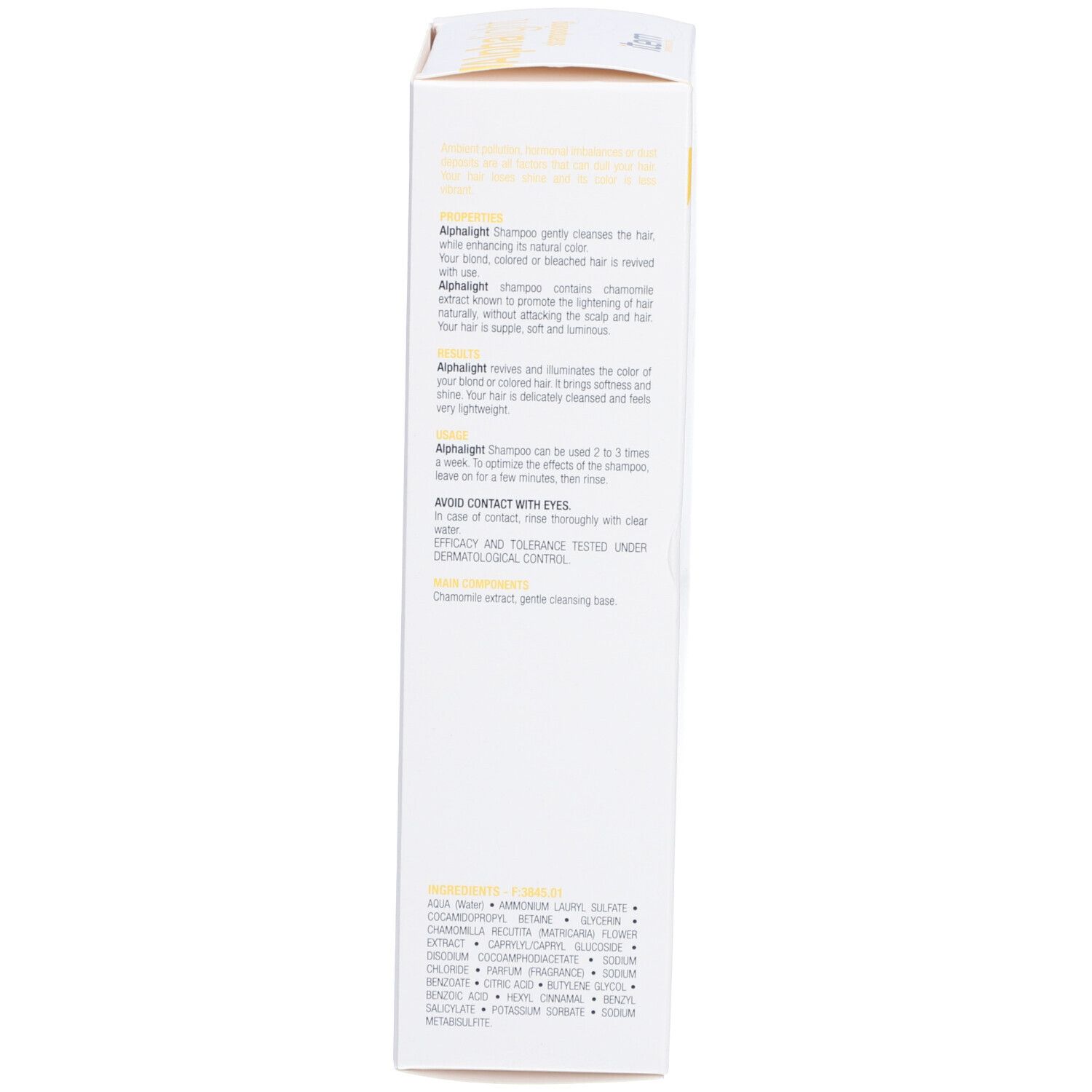 Witte doos, zijaanzicht. Meertalige tekst. Bevat informatie over Alphalight shampoo. Ingrediënten.