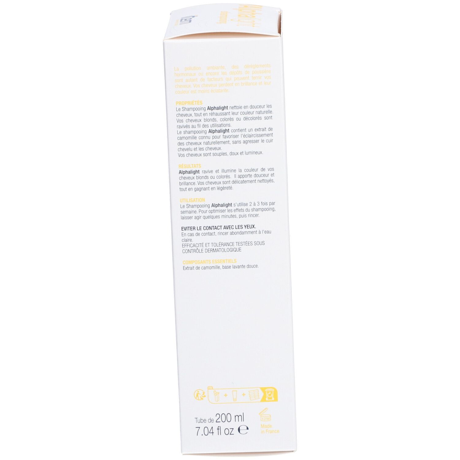 Witte doos, zijaanzicht. Meertalige tekst. Bevat informatie over Alphalight shampoo. 200 ml.