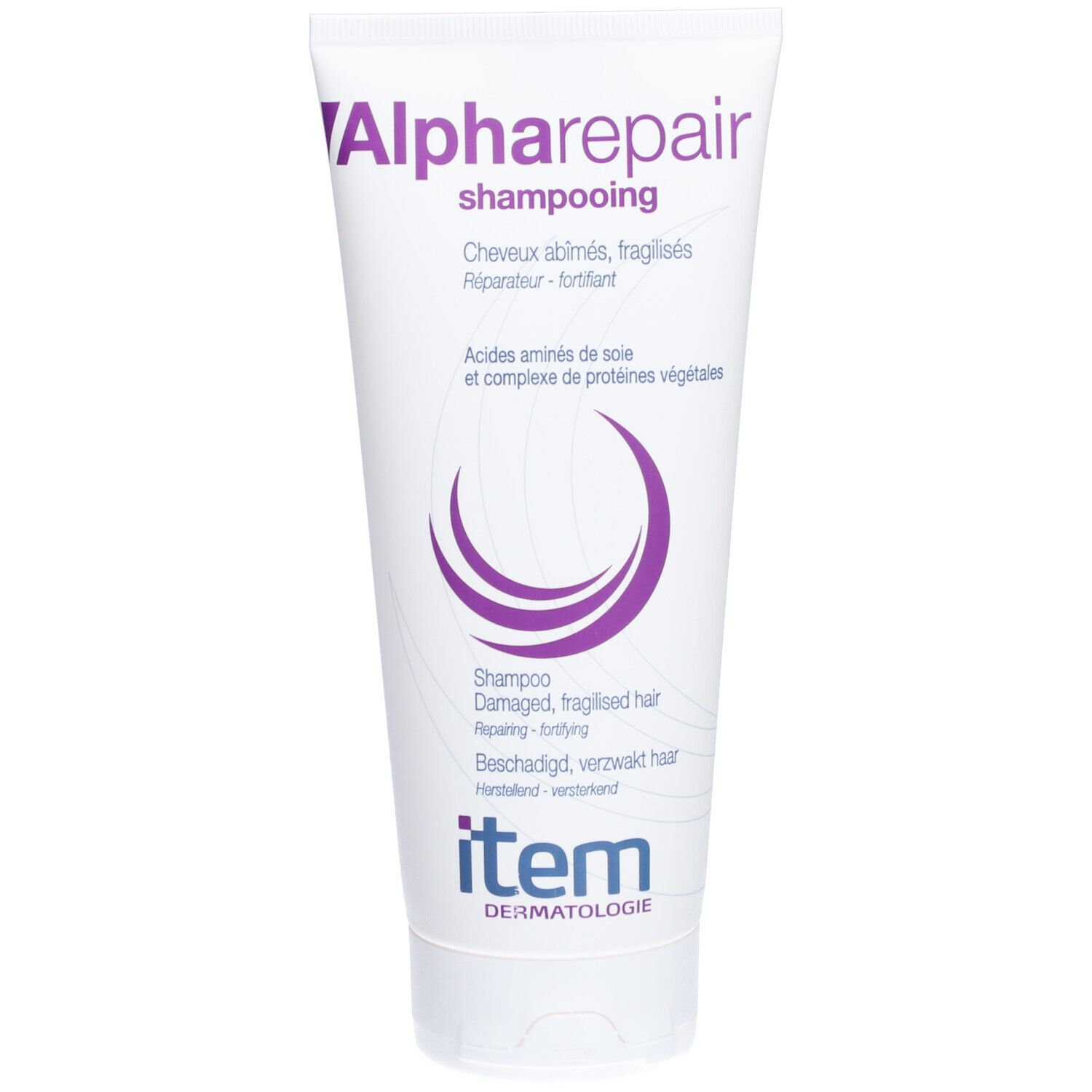 Witte tube met paarse tekst 'Alpharepair'. Tekst: 'Shampooing', 'Cheveux abîmés, fragilisés'. Merk: item Dermatologie.