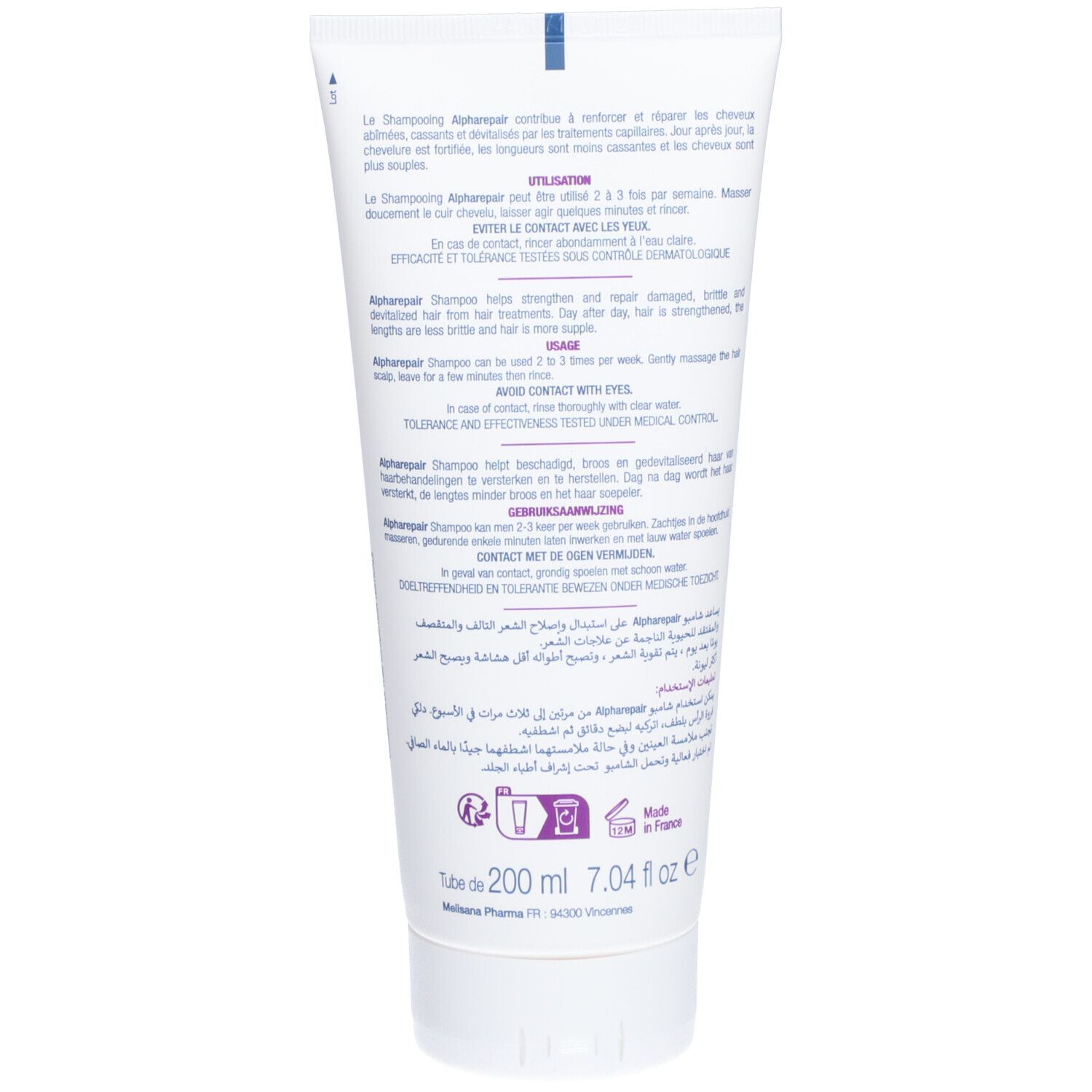 Achterkant van een tube. Meertalige tekst. Productnaam: 'Alpharepair'. Volume: 200 ml, 7.04 fl oz. Fabrikantinformatie.