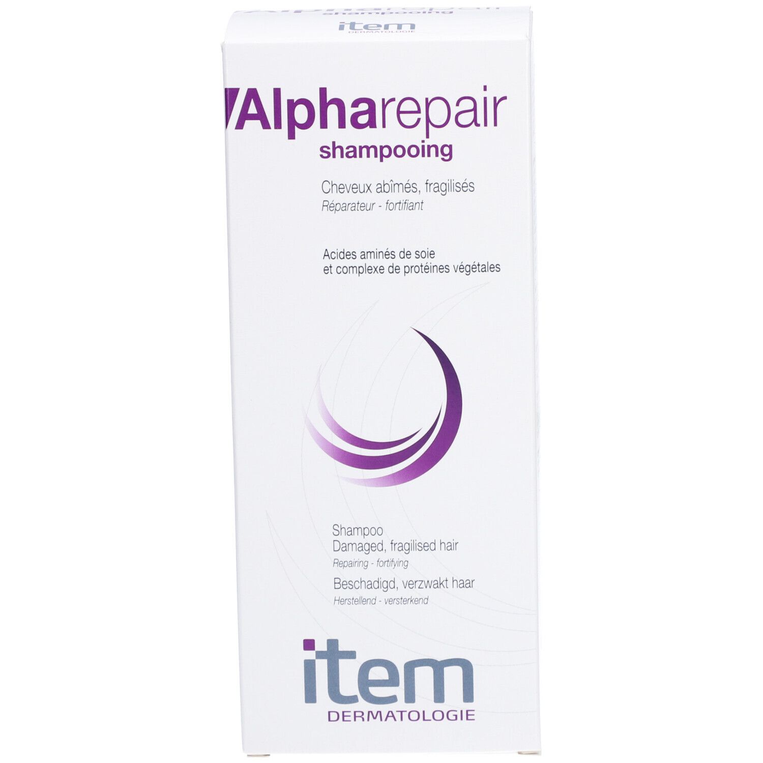 Witte doos met paarse tekst 'Alpharepair'. Tekst: 'Shampooing', 'Cheveux abîmés, fragilisés'. Merk: item Dermatologie.