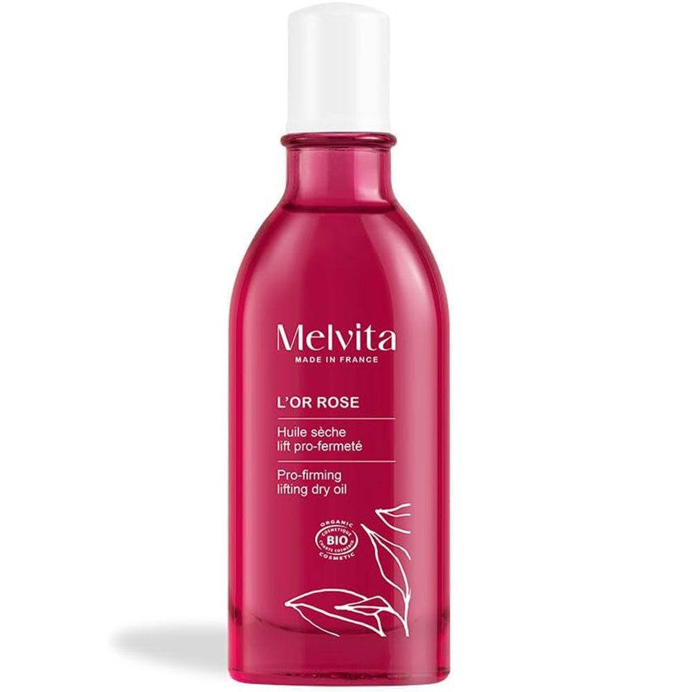 Rode fles met witte dop. Opschrift: Melvita L'Or Rose, Huile sèche lift pro-fermeté. Bio-certificering.