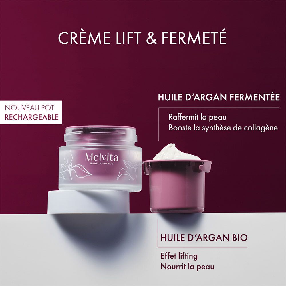 Crème Lift & Fermeté. Nouveau pot rechargeable. Informations sur l'huile d'argan.