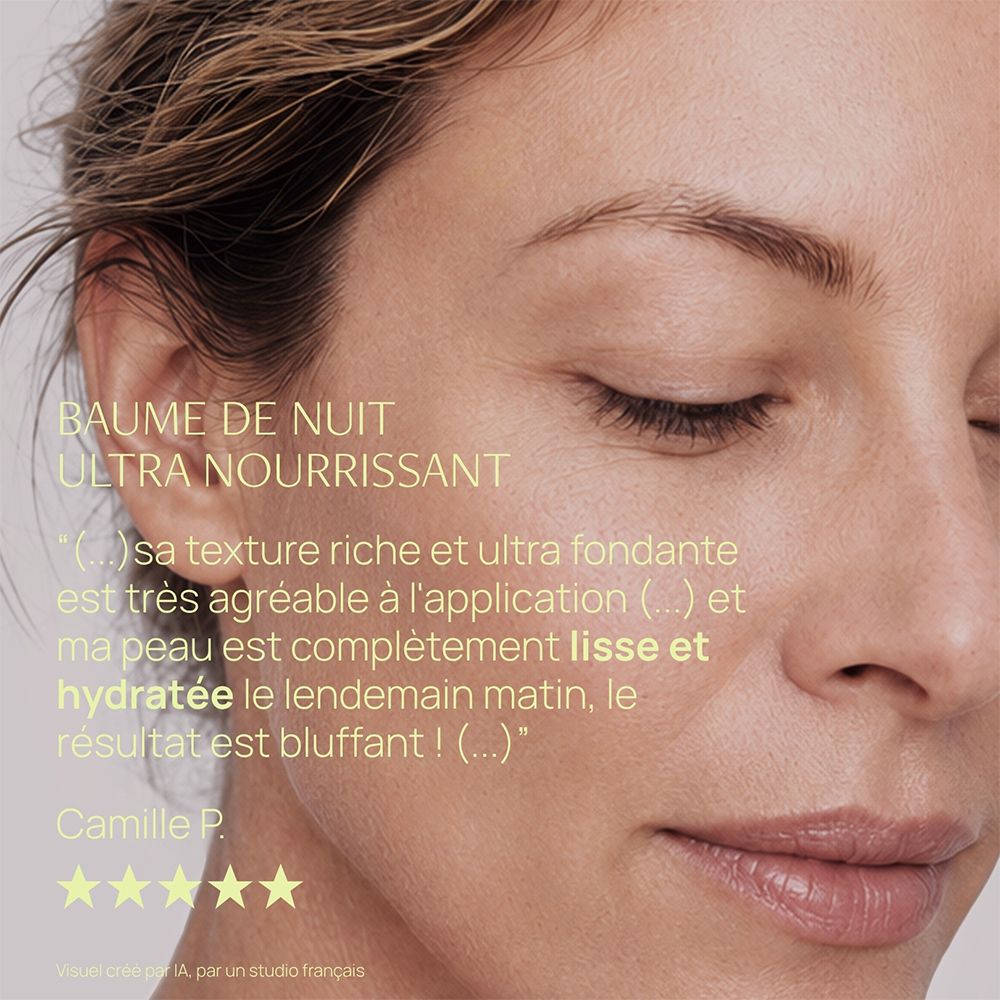Close-up van een gezicht met gesloten ogen. "BAUME DE NUIT ULTRA NOURRISSANT". Citaat over de textuur.