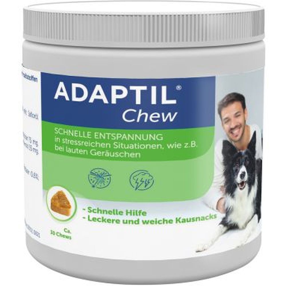 Pot Adaptil Chew. Inscription: Apaisement rapide. Homme et chien.