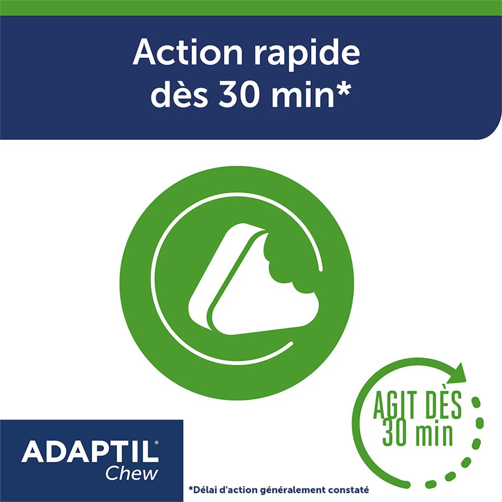 Adaptil Chew. Groene cirkel met een kauwtablet-symbool. Tekst: Werkt vanaf 30 minuten. Adaptil Chew.