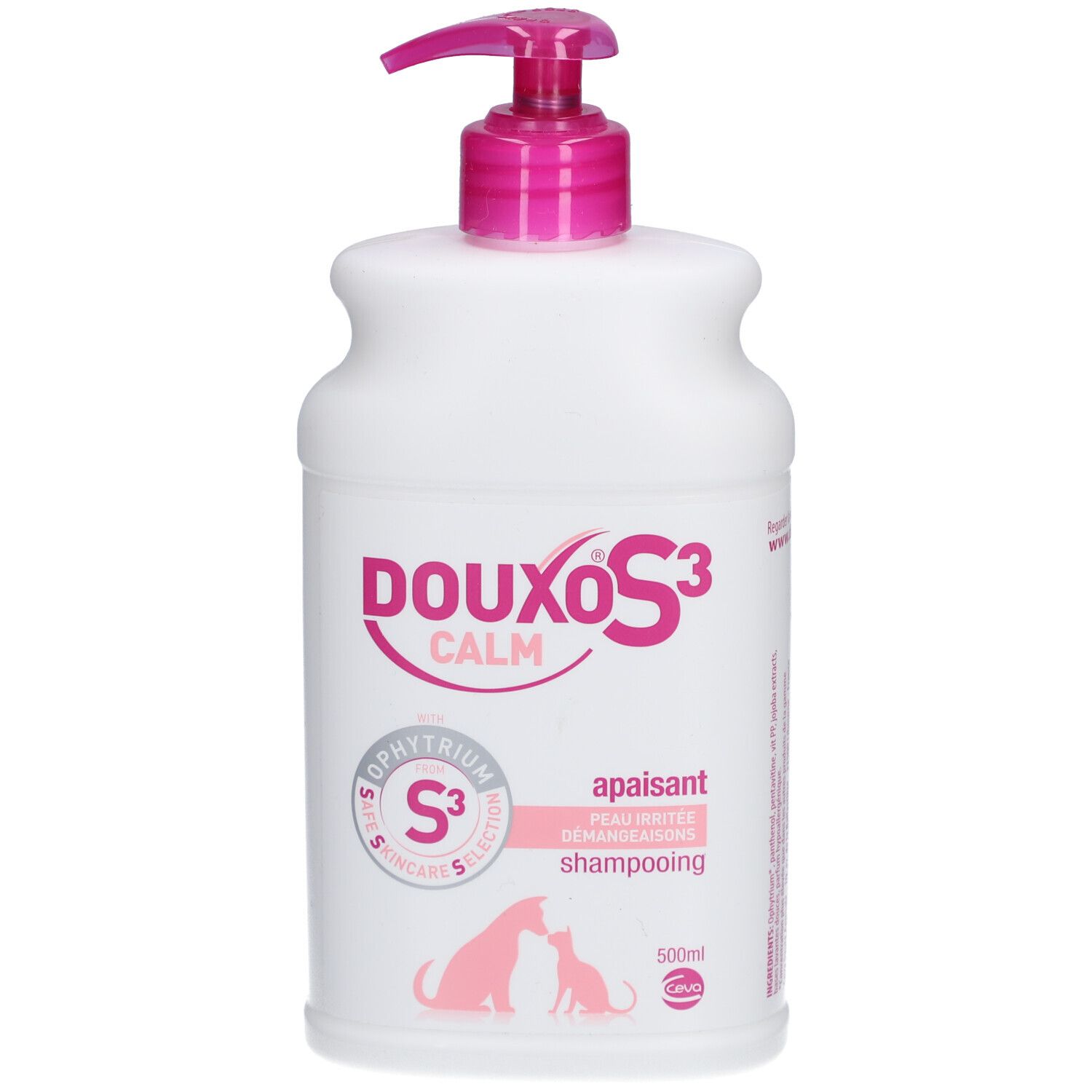 Witte fles met roze pomp. Opschrift: Douxo S3 Calm. Illustratie van hond en kat. Tekst: apaisant, shampooing.