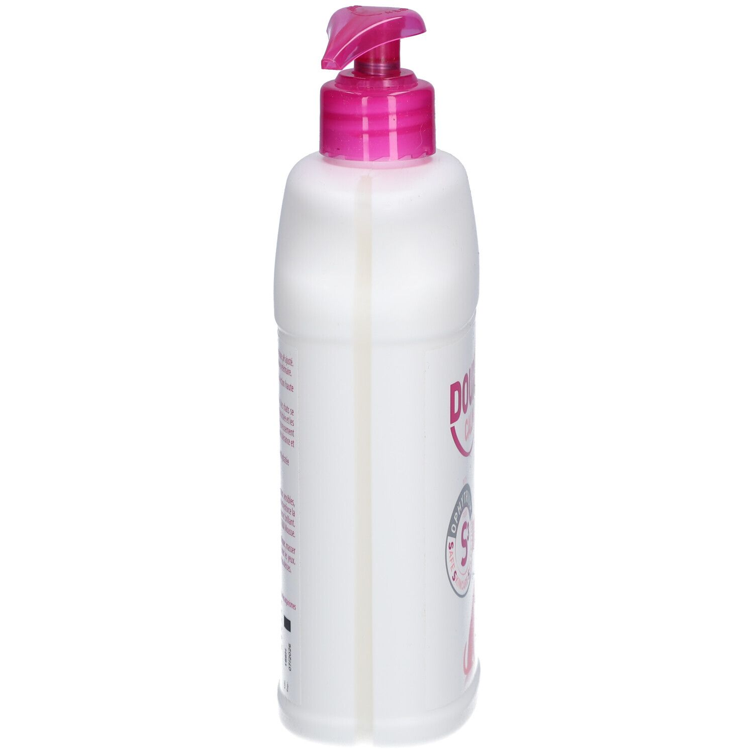 Witte fles met roze pomp, zijaanzicht. Opschriften en tekst gedeeltelijk zichtbaar.