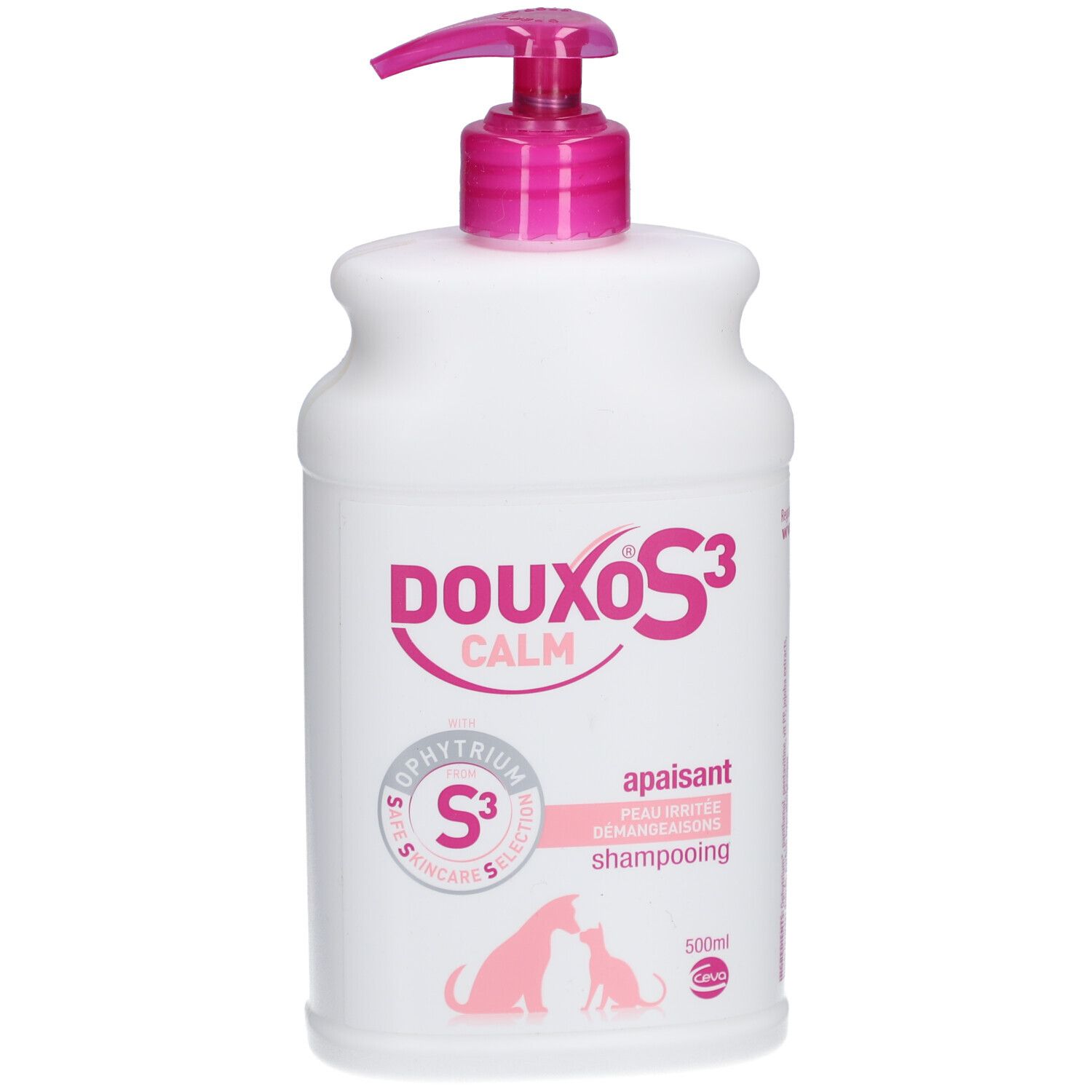 Witte fles met roze pomp. Opschrift: Douxo S3 Calm. Illustratie van hond en kat. Tekst: apaisant, shampooing.