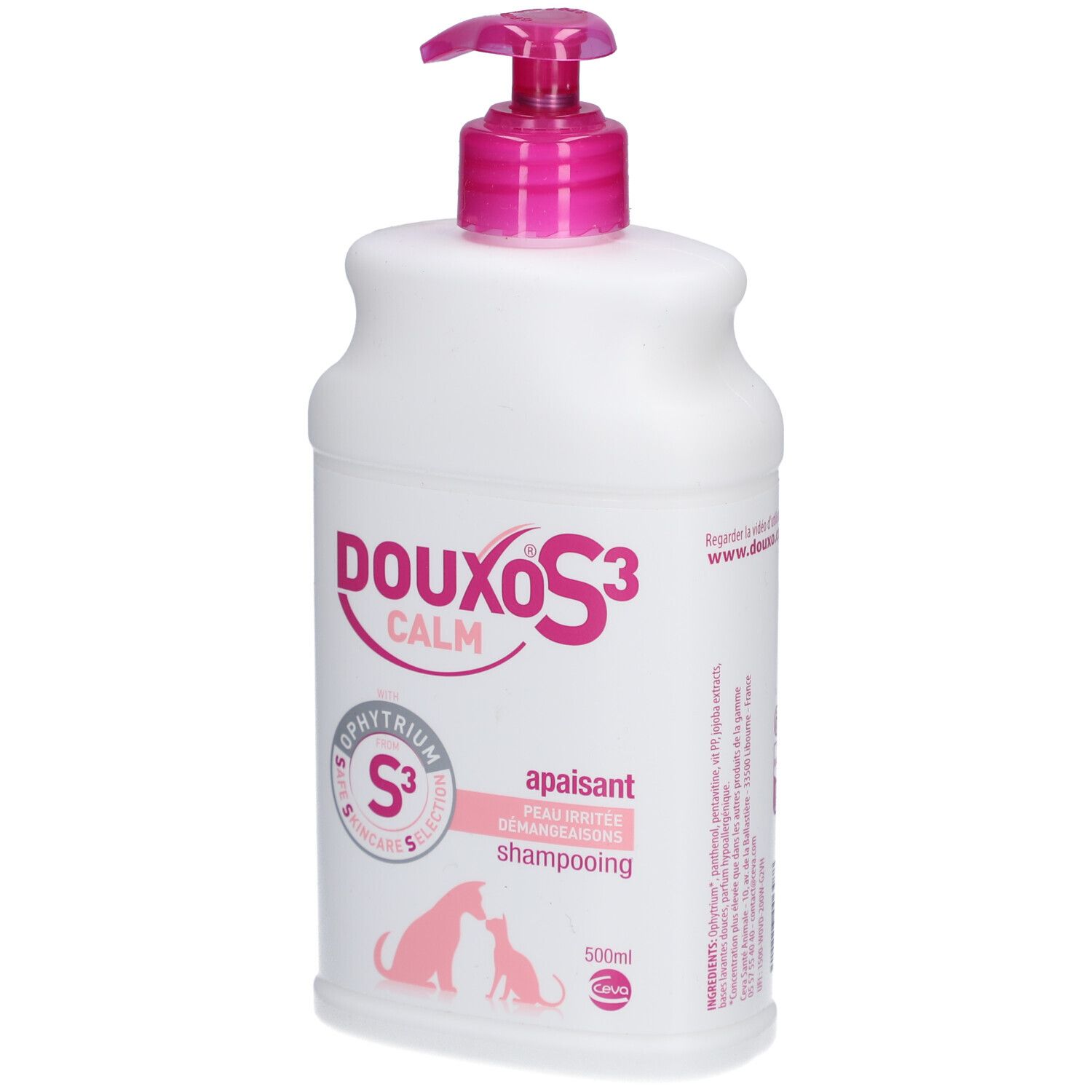 Witte fles met roze pomp. Opschrift: Douxo S3 Calm. Illustratie van hond en kat. Tekst: apaisant, shampooing.