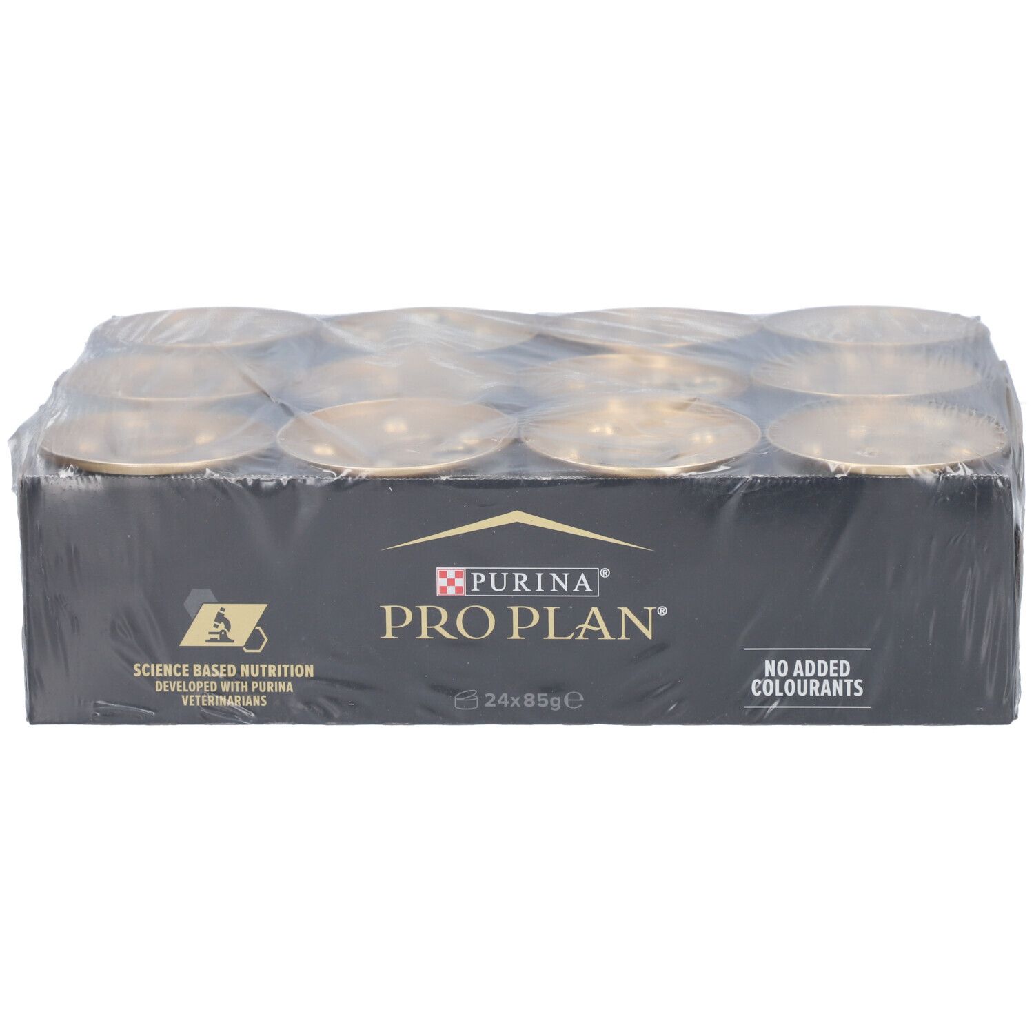Emballage de 24 boîtes de nourriture pour chats. Inscription : PRO PLAN DELICATE Adult Cat Mousse à la Dinde. Sans colorants ajoutés.