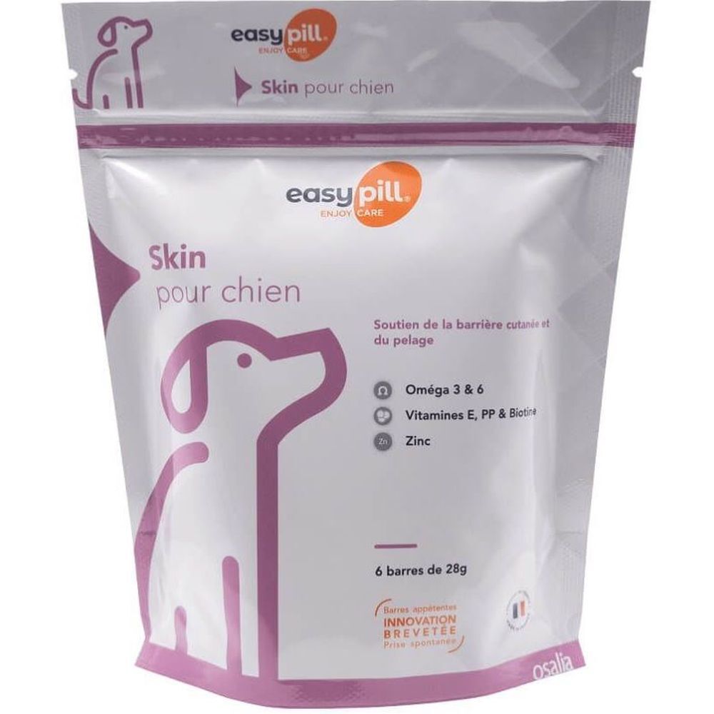 Zakje "EasyPill Skin pour Chien". Roze en witte verpakking met hondenschets. Bevat 6 repen.