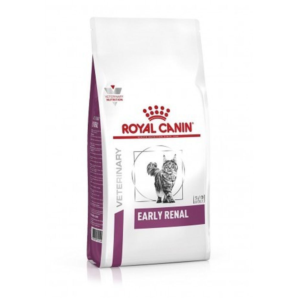 Witte zak met "Royal Canin" logo en "Early Renal". Afbeelding van kat. Veterinair logo.