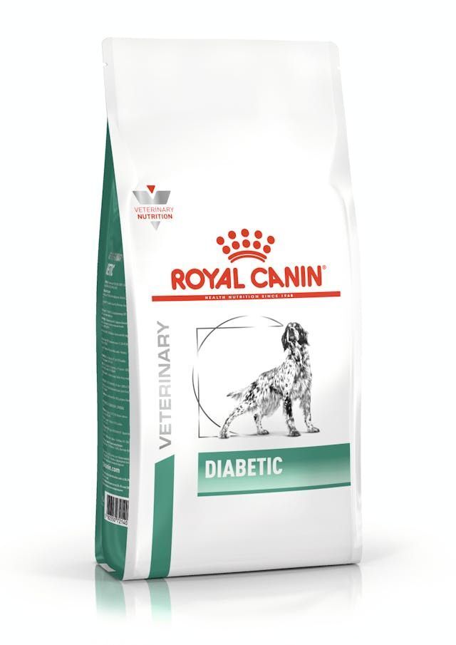 Royal Canin Diabetic Chien zak. Wit met logo en productnaam. Afbeelding van een hond. Groene accenten.