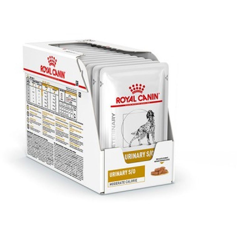 Royal Canin Urinary S/O Moderate Calorie. Verpakking met zakjes. Witte doos met productinfo en logo.