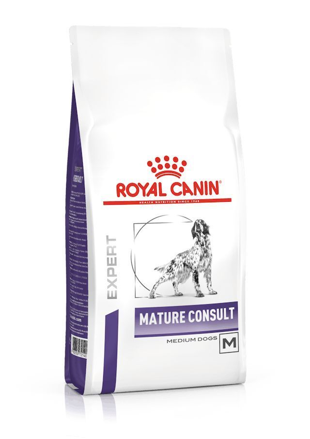 Witte zak met Royal Canin logo en productnaam Mature Consult Medium Dogs. Afbeelding van een hond.
