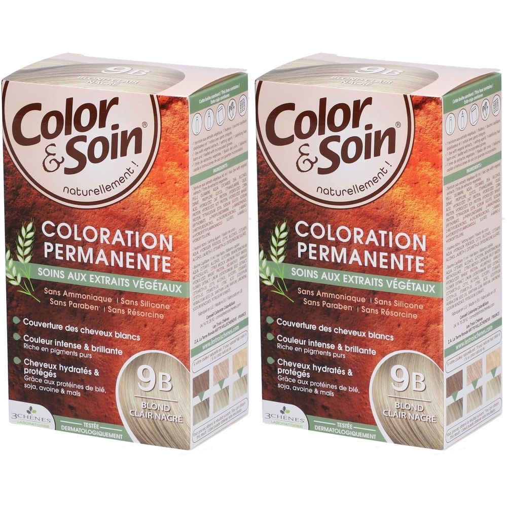 Deux boîtes Color & Soin. Inscription: Coloration Permanente, Soins aux extraits végétaux. Teinte 9B, Blond Clair Nacré.