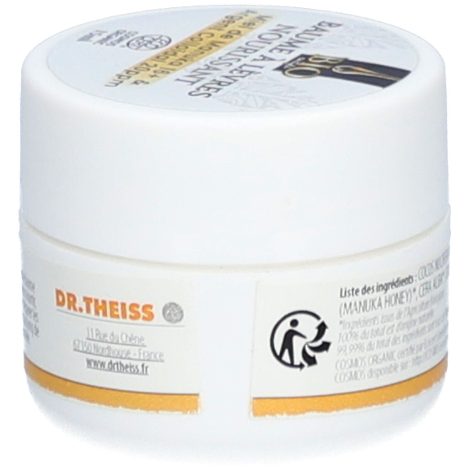 Côté d'un pot blanc de baume à lèvres, marque DR. THEISS et sceau COSMOS ORGANIC.