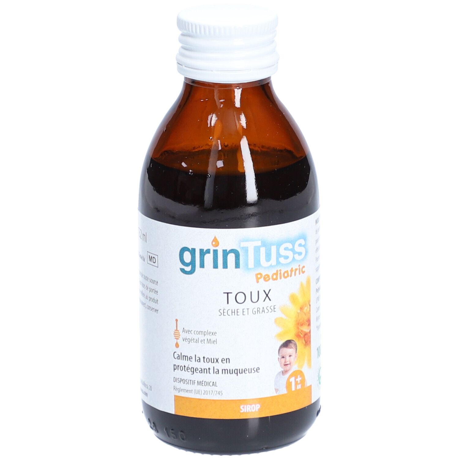 Bruine glazen fles met witte dop. Etiket met productnaam, ingrediënten en kind. Medisch hulpmiddel.