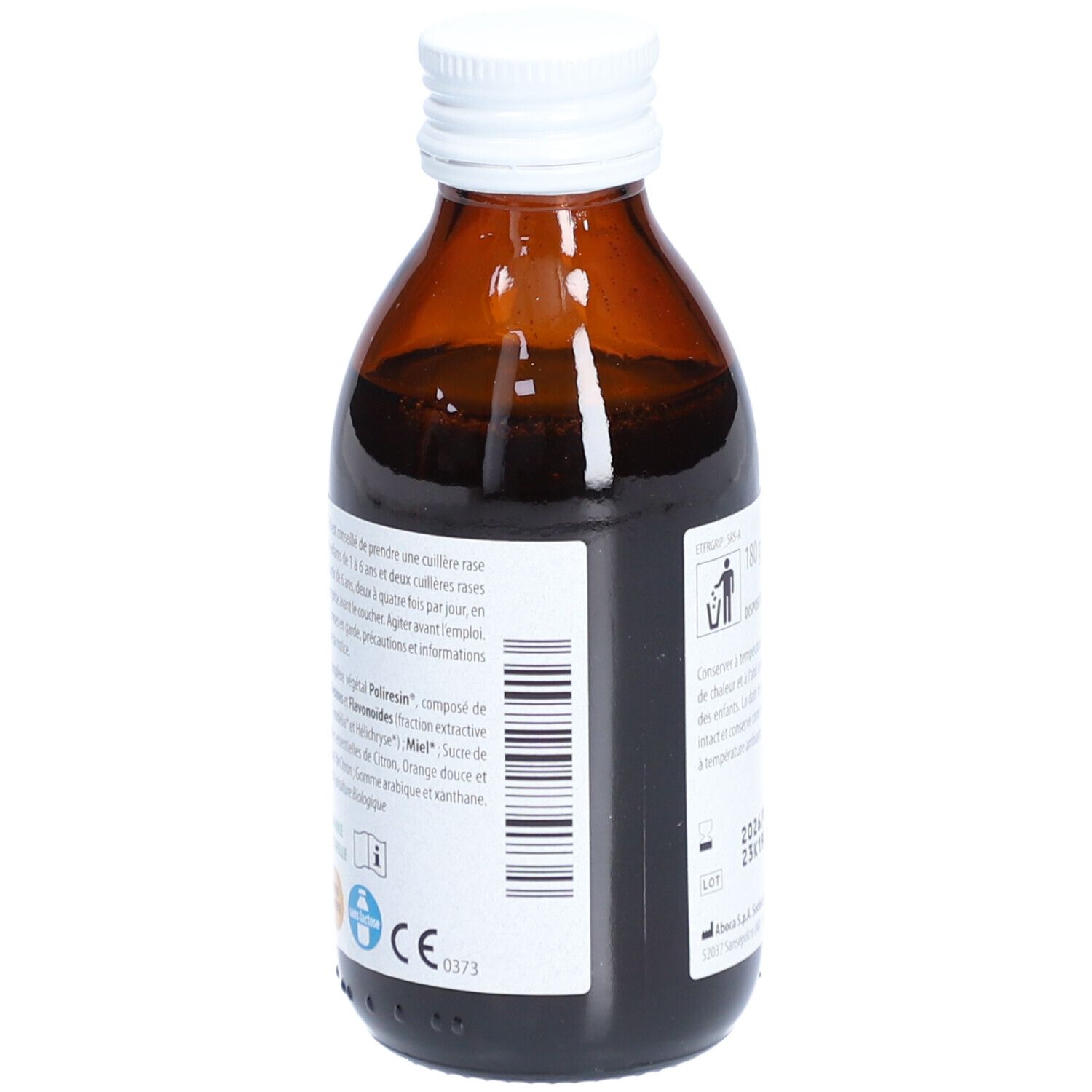 Achterkant van een bruine glazen fles met witte dop. Etiket met informatie, lotnummer en vervaldatum.