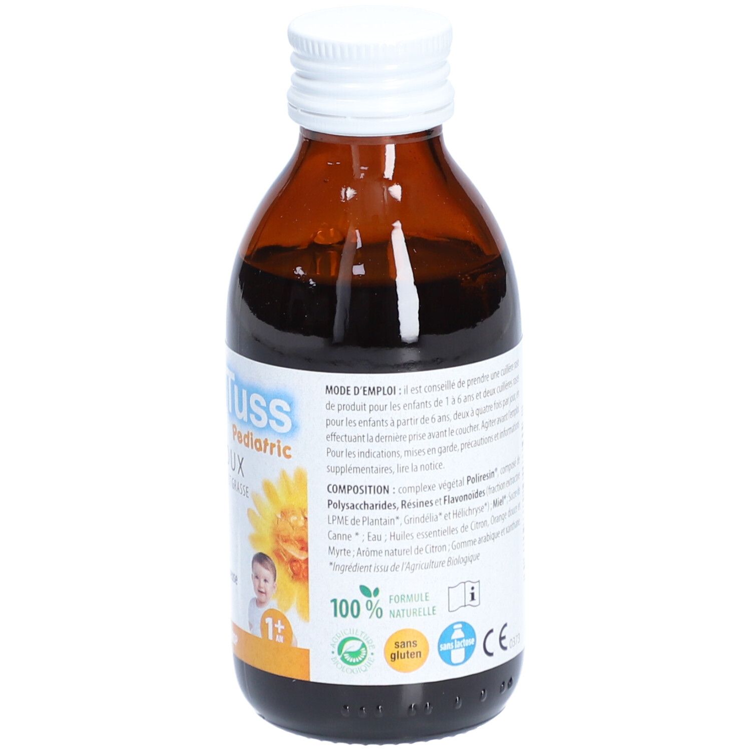 Achterkant van een bruine glazen fles met witte dop. Etiket met gebruiksaanwijzing en ingrediënten.