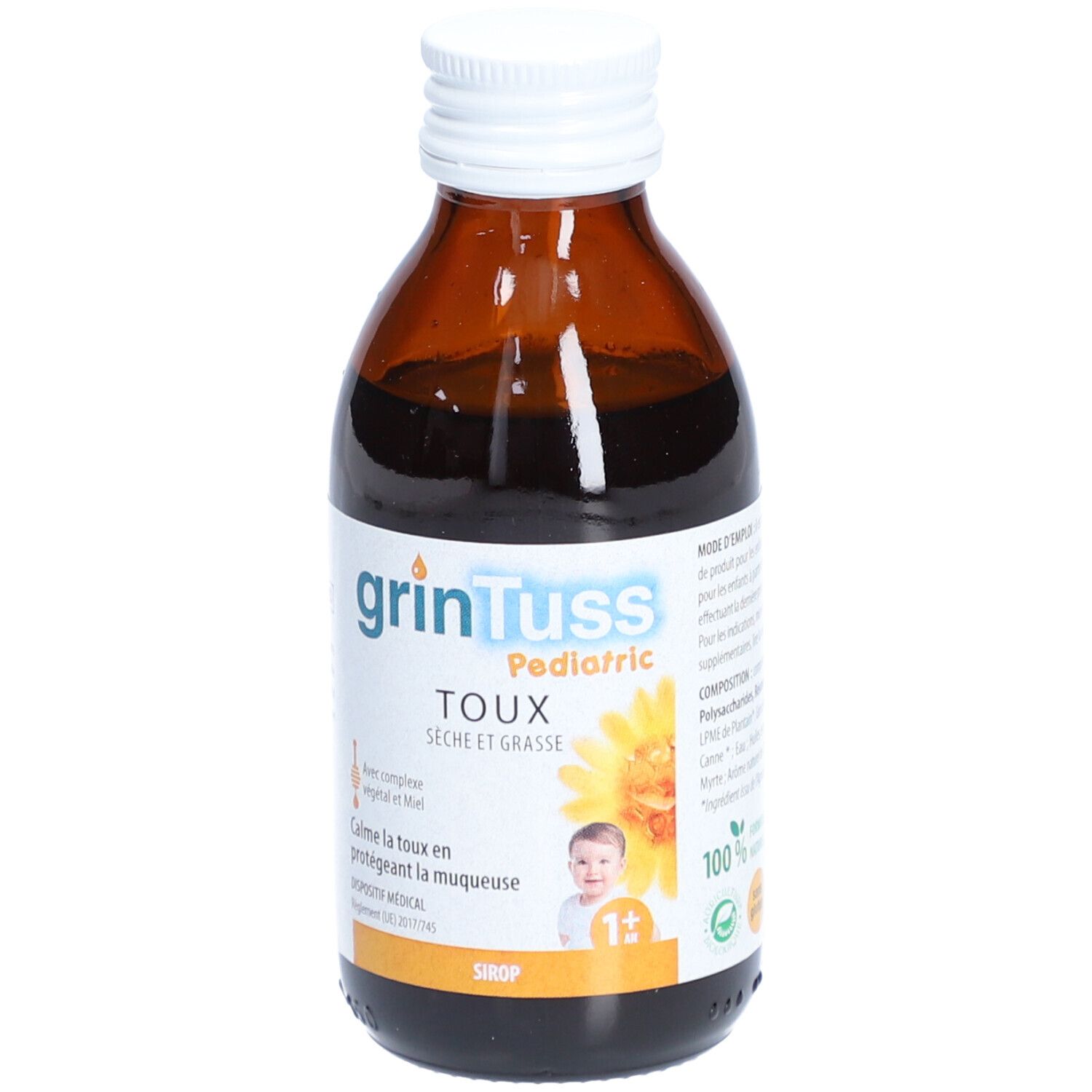 Bruine glazen fles met witte dop. Etiket met productnaam, ingrediënten en kind. Medisch hulpmiddel.