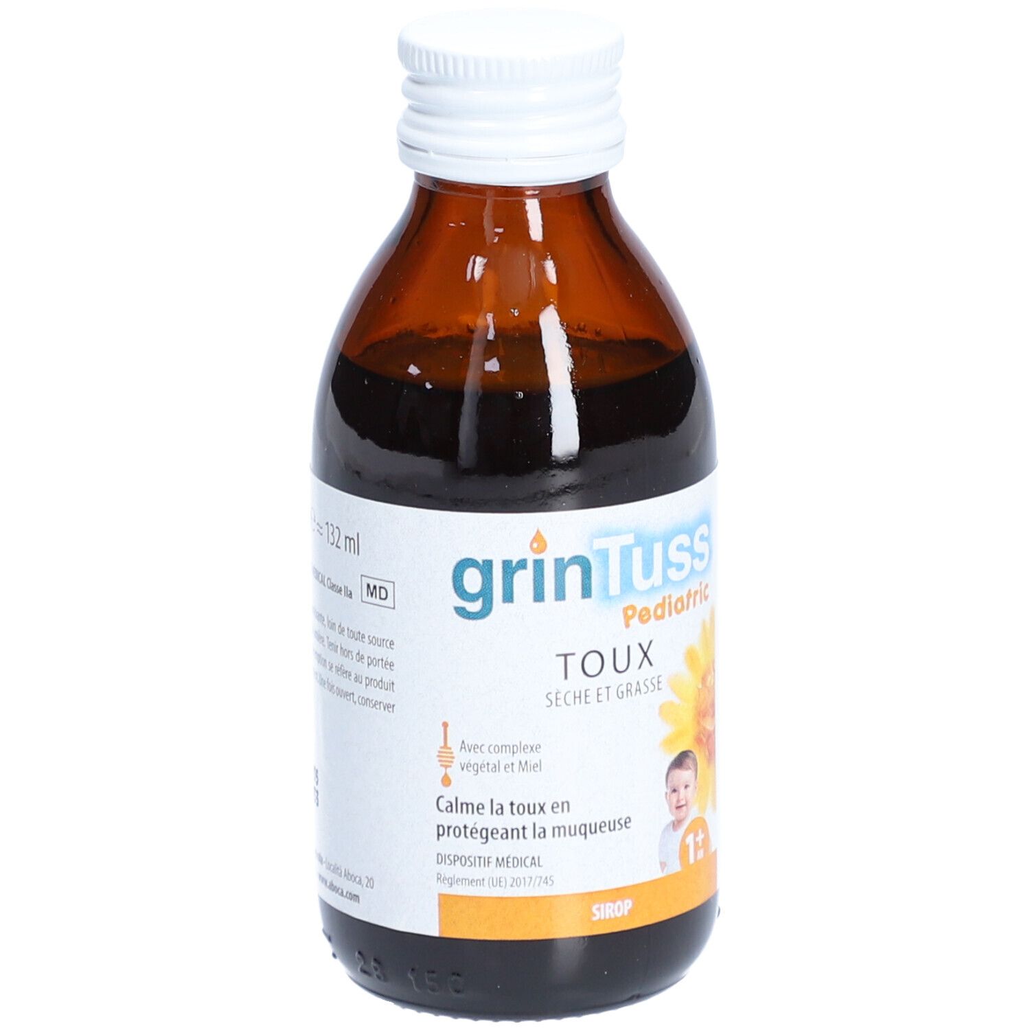 Bruine glazen fles met witte dop. Etiket met productnaam, ingrediënten en kind. Medisch hulpmiddel.
