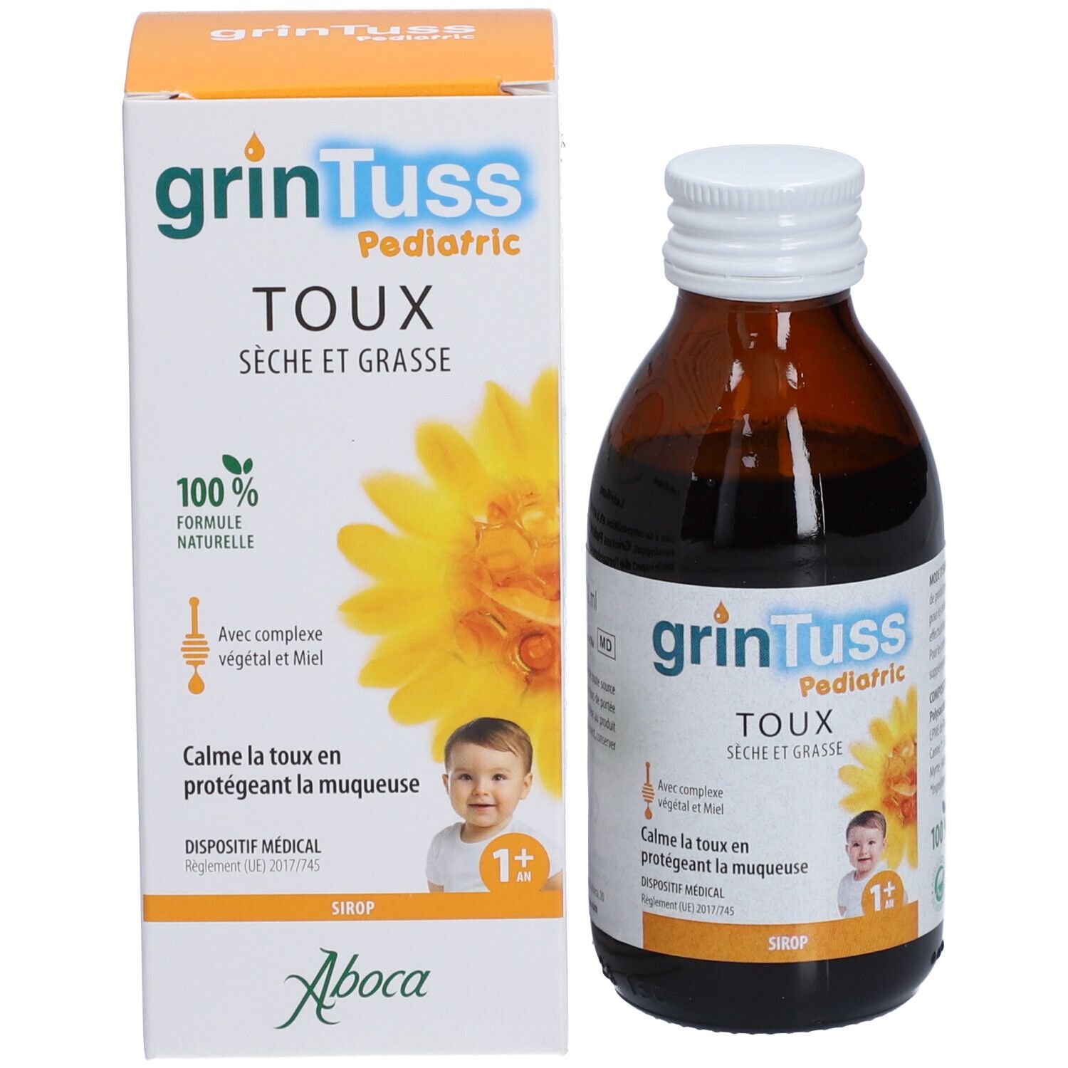 Productfles en verpakking. Bruine fles, witte dop, gele verpakking. Productnaam en kind afgebeeld.